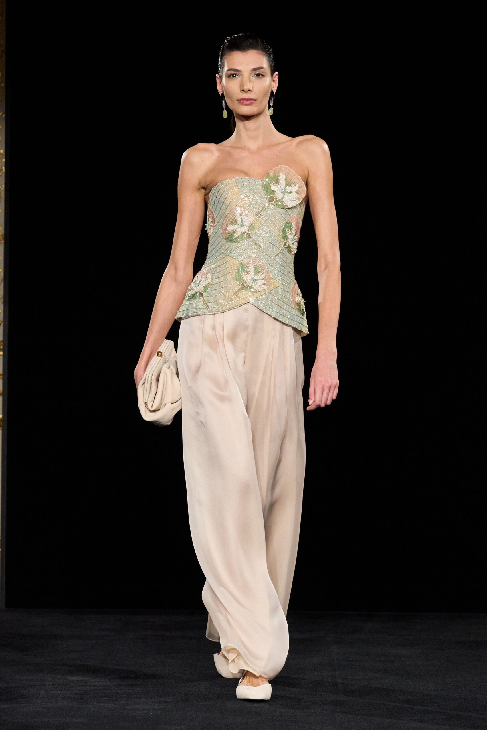 green silk strapless fitted embroidered flared top