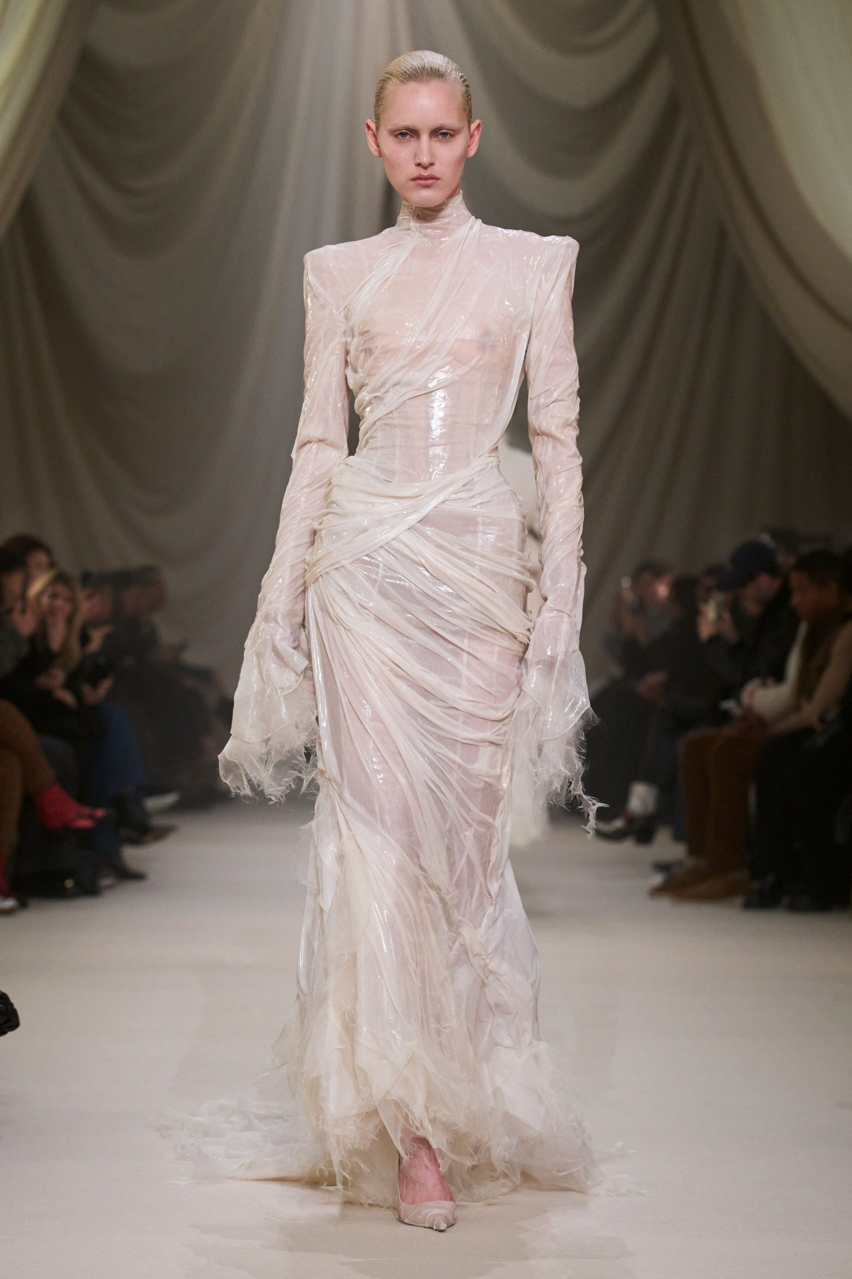 white sheer draped gown