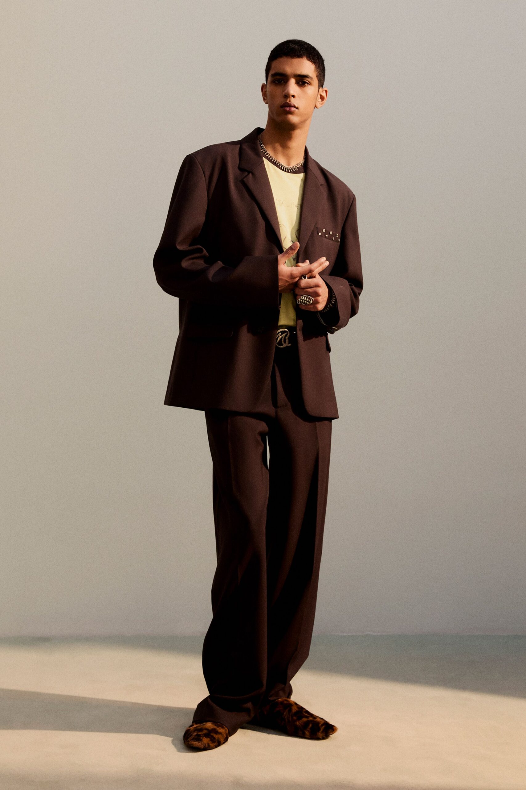 brown blazer with t-shirt and pants