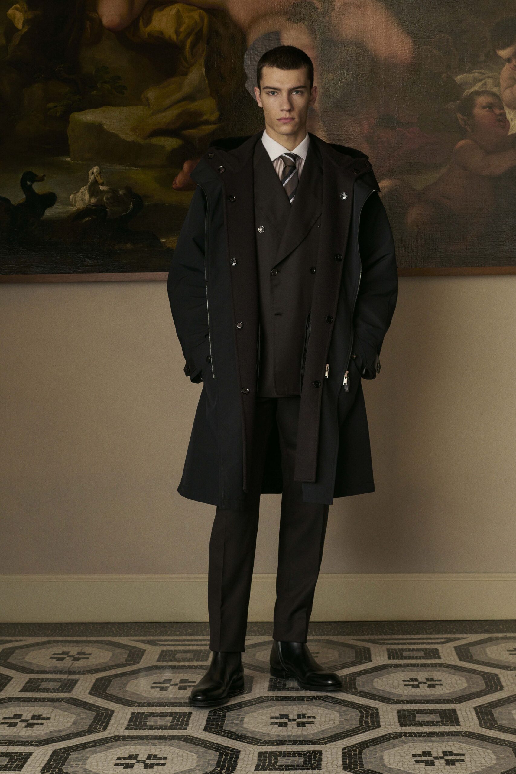 black coat brown suit leather shoes