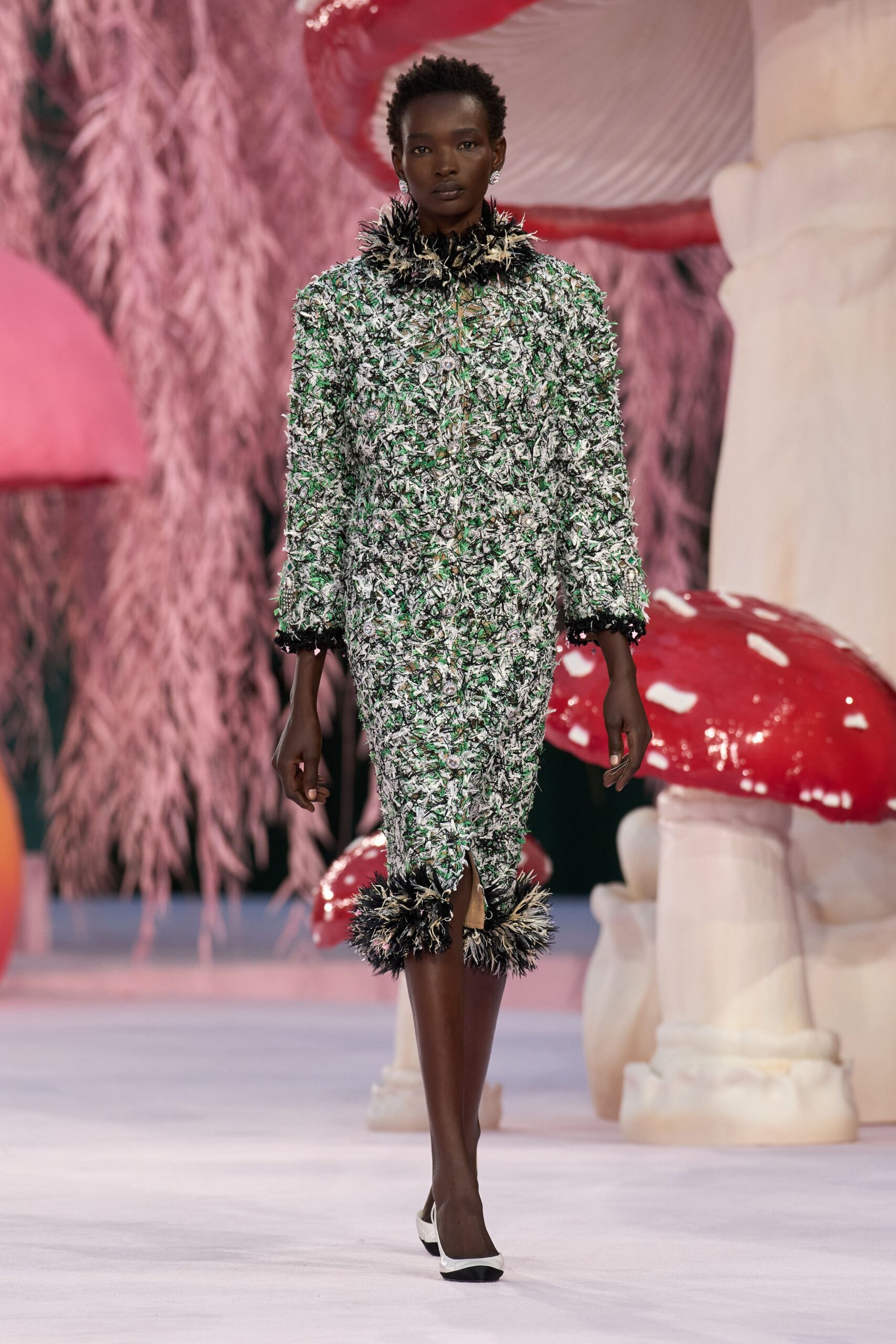 green cotton long-sleeve collared fitted floral ruffled dress