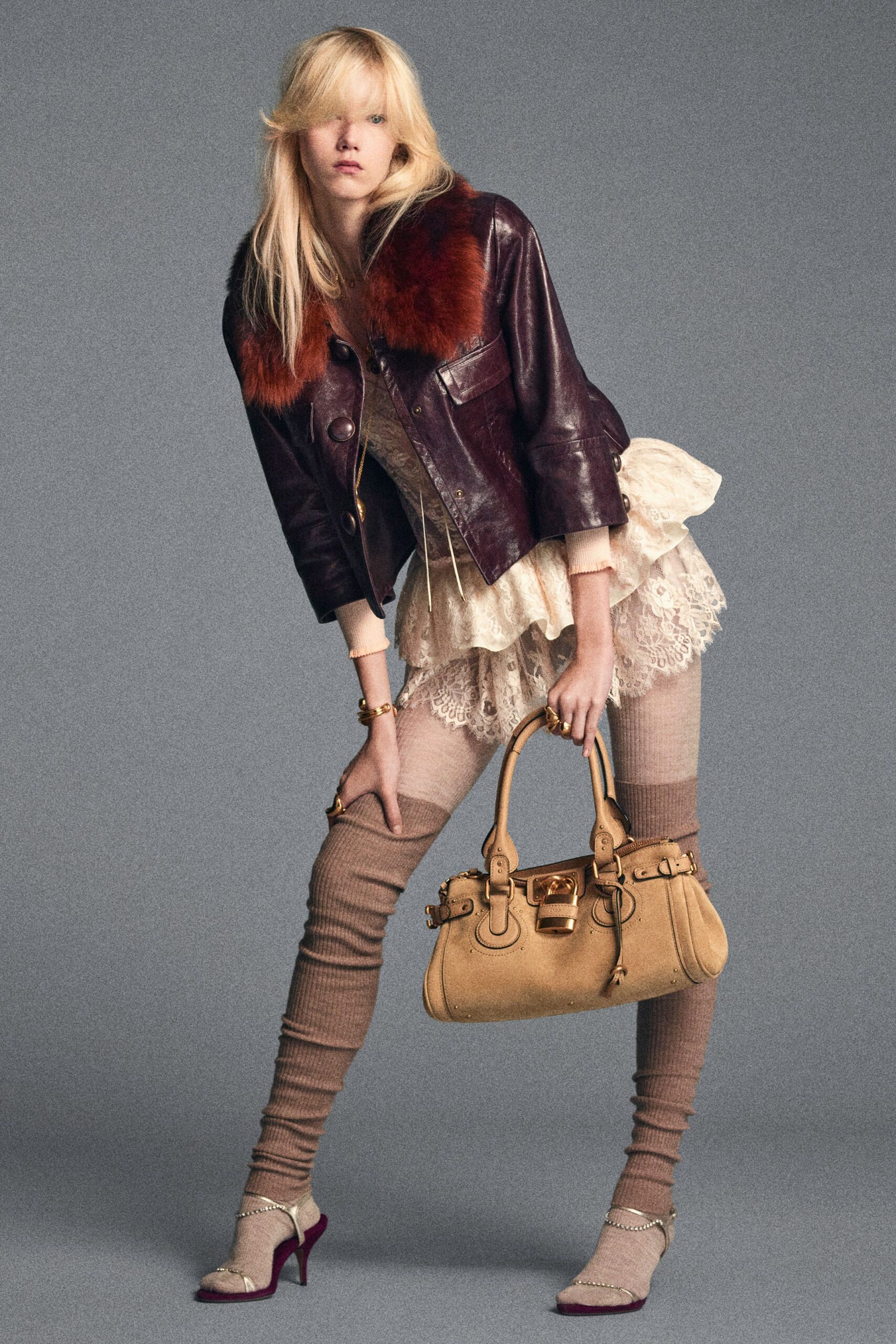 brown leather jacket with lace top