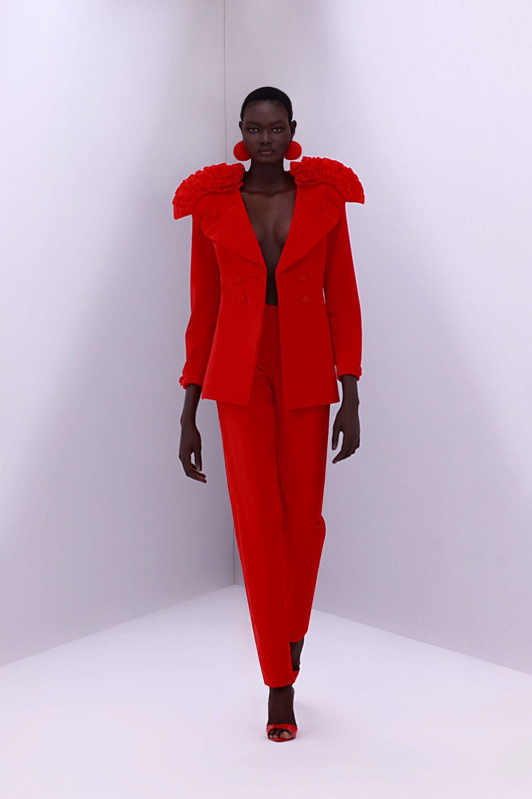 red long-sleeve v-neck structured ruffled blazer
