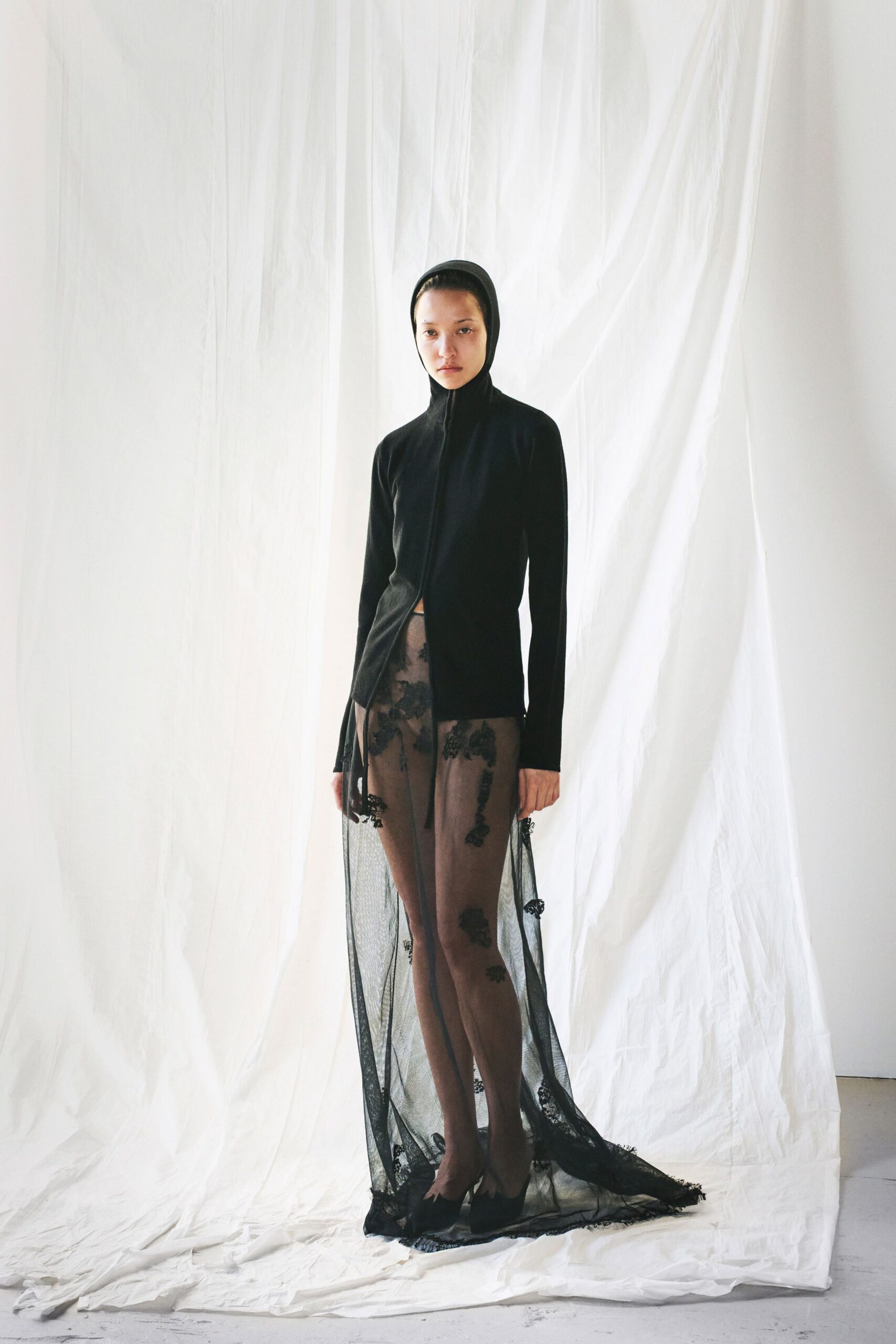 black mesh long-sleeve high-neck fitted layered flared dress