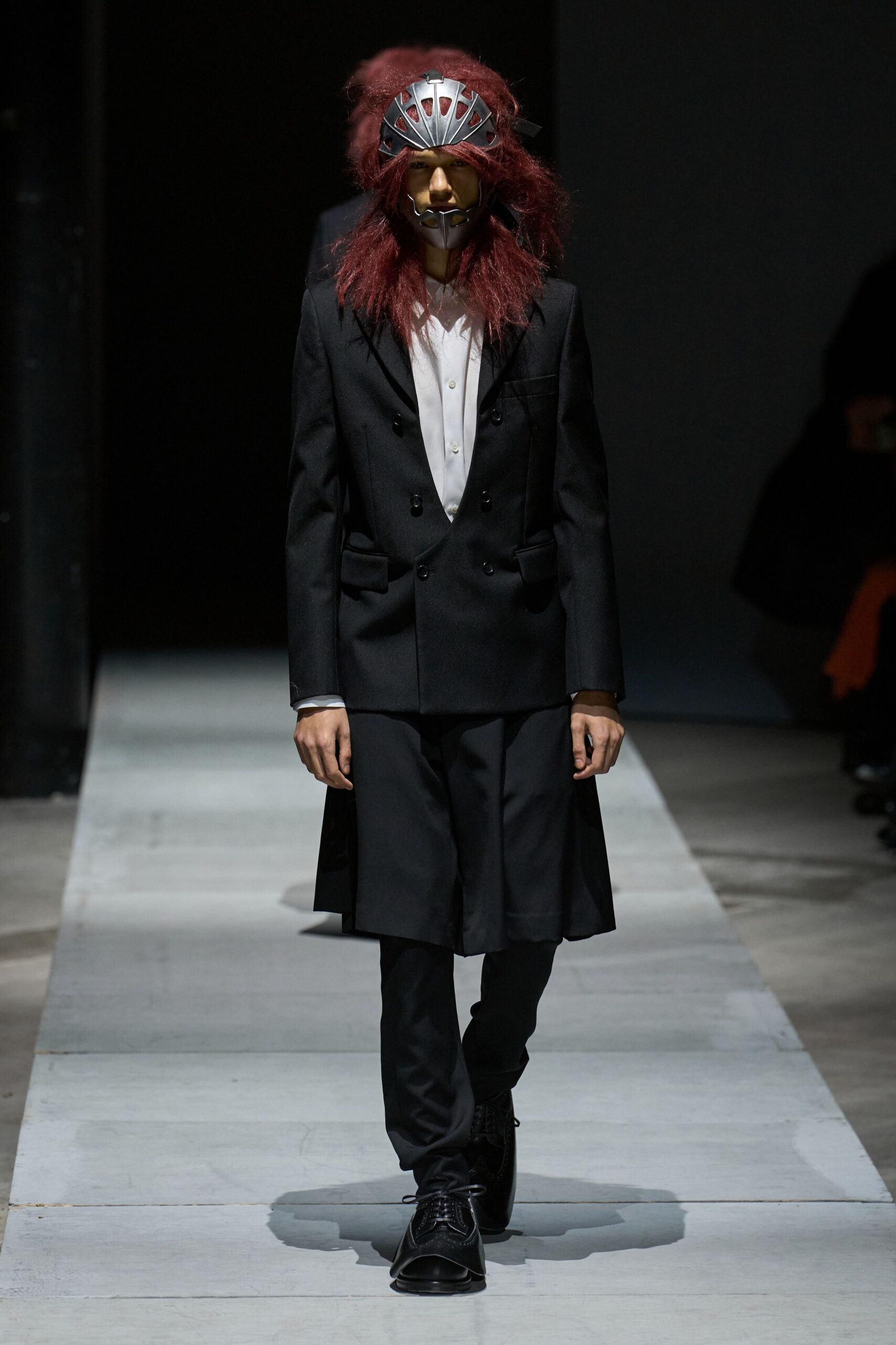 black tailored suit with metal hat
