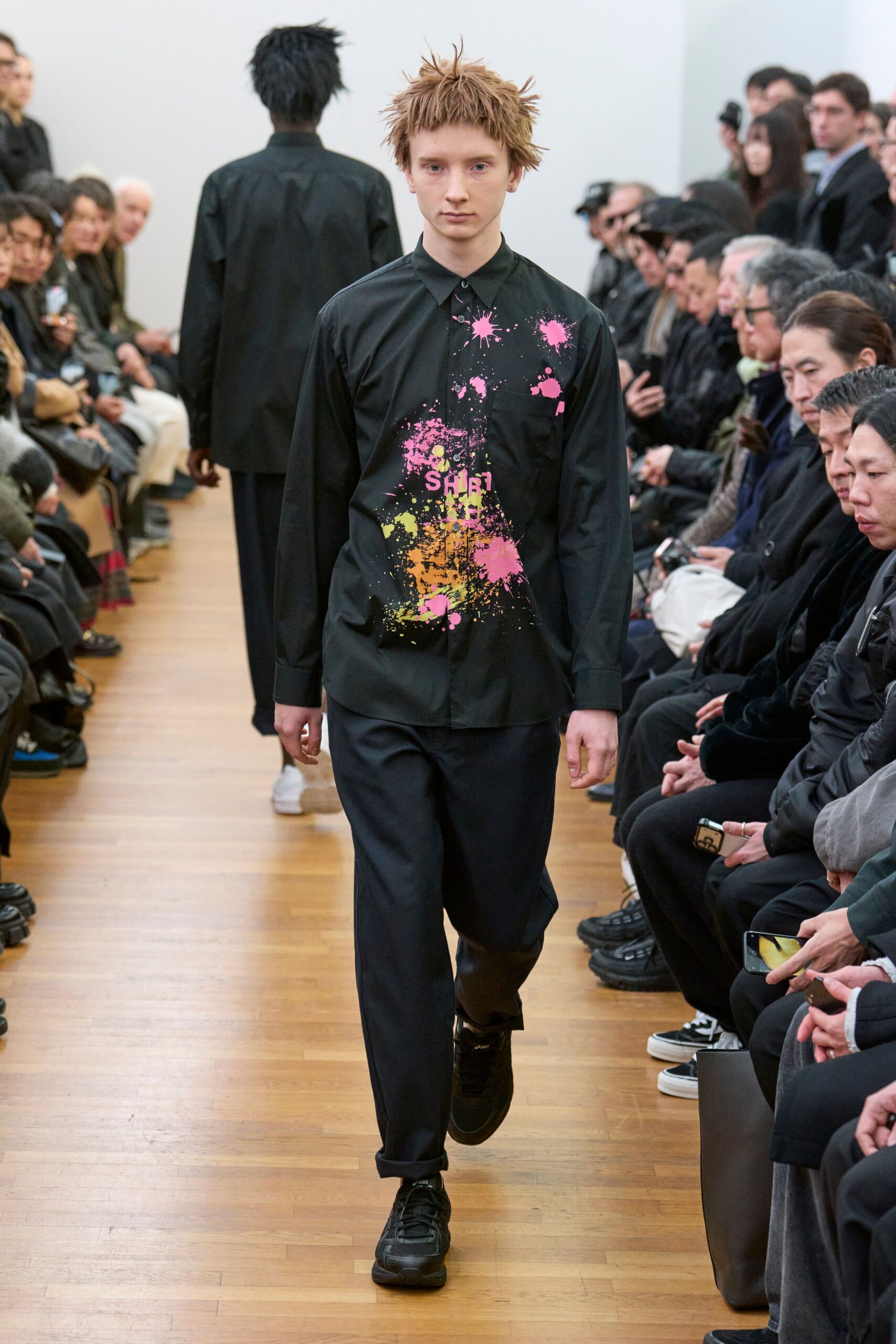 black printed shirt with relaxed pants