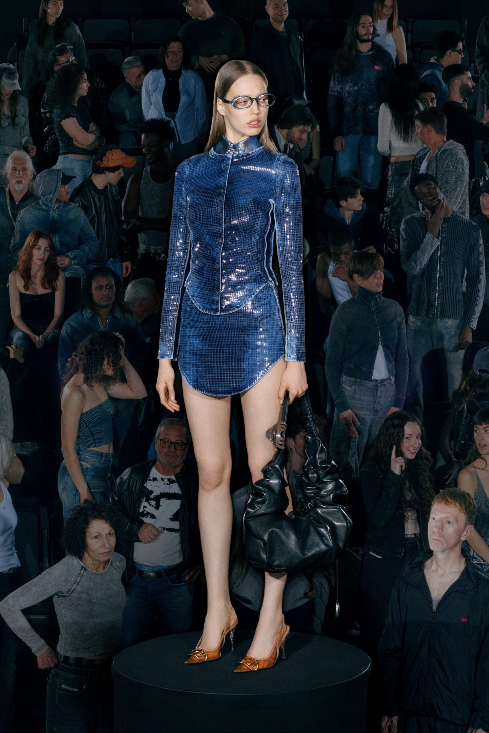 blue sequin long-sleeve collared fitted zippered straight-leg dress