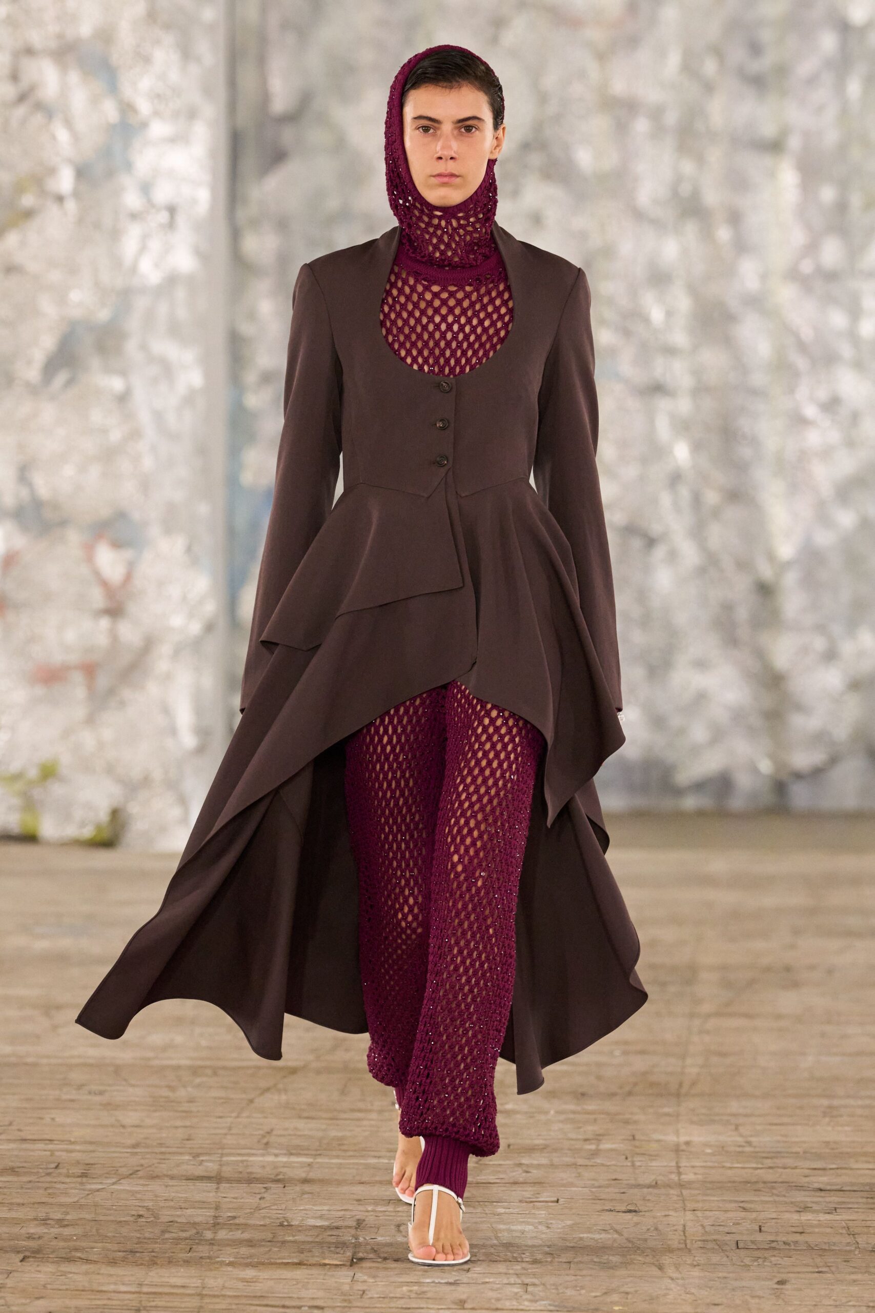 brown wool long-sleeve collared structured layered maxi coat