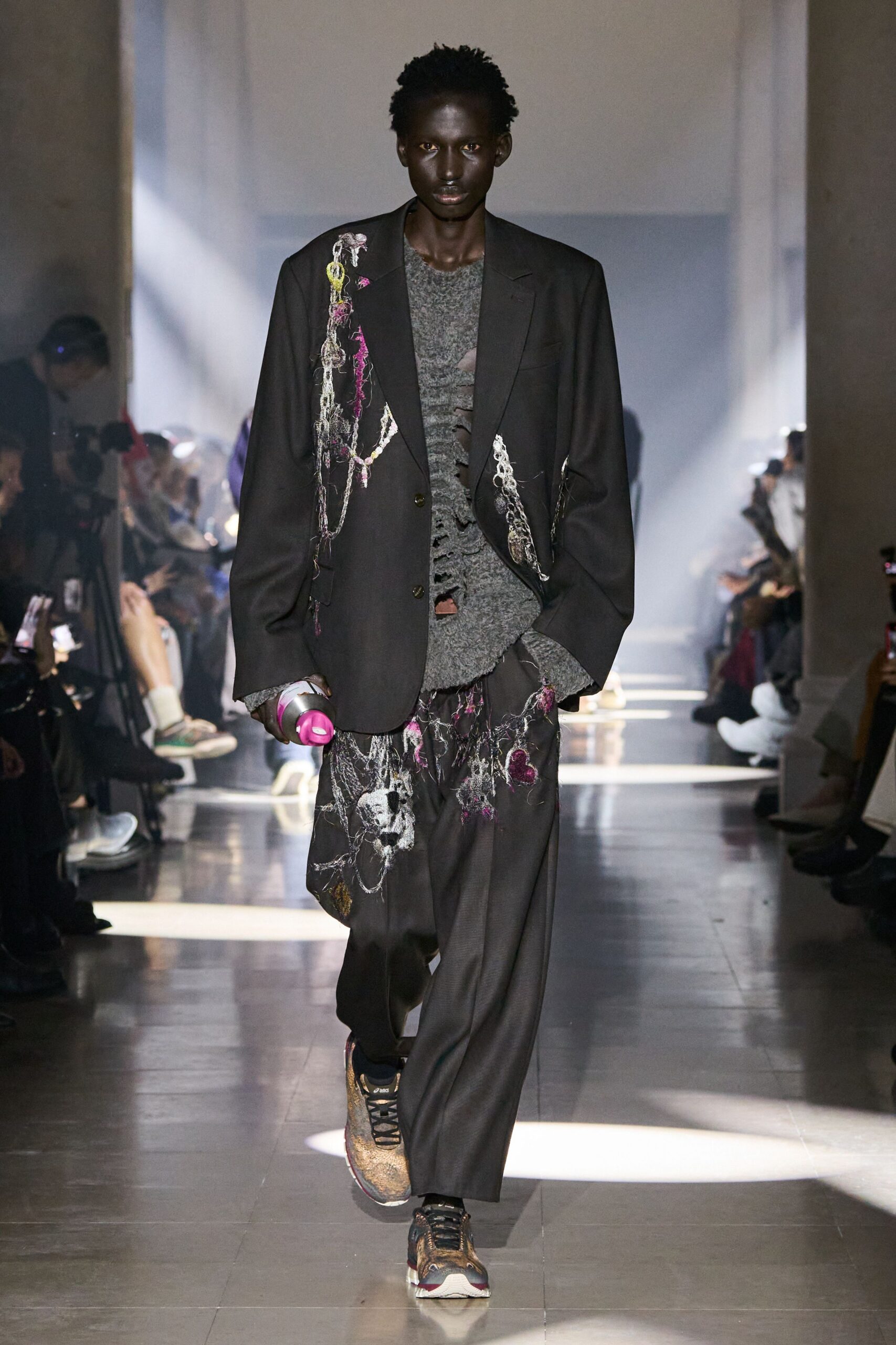 black blazer gray sweater tailored pants