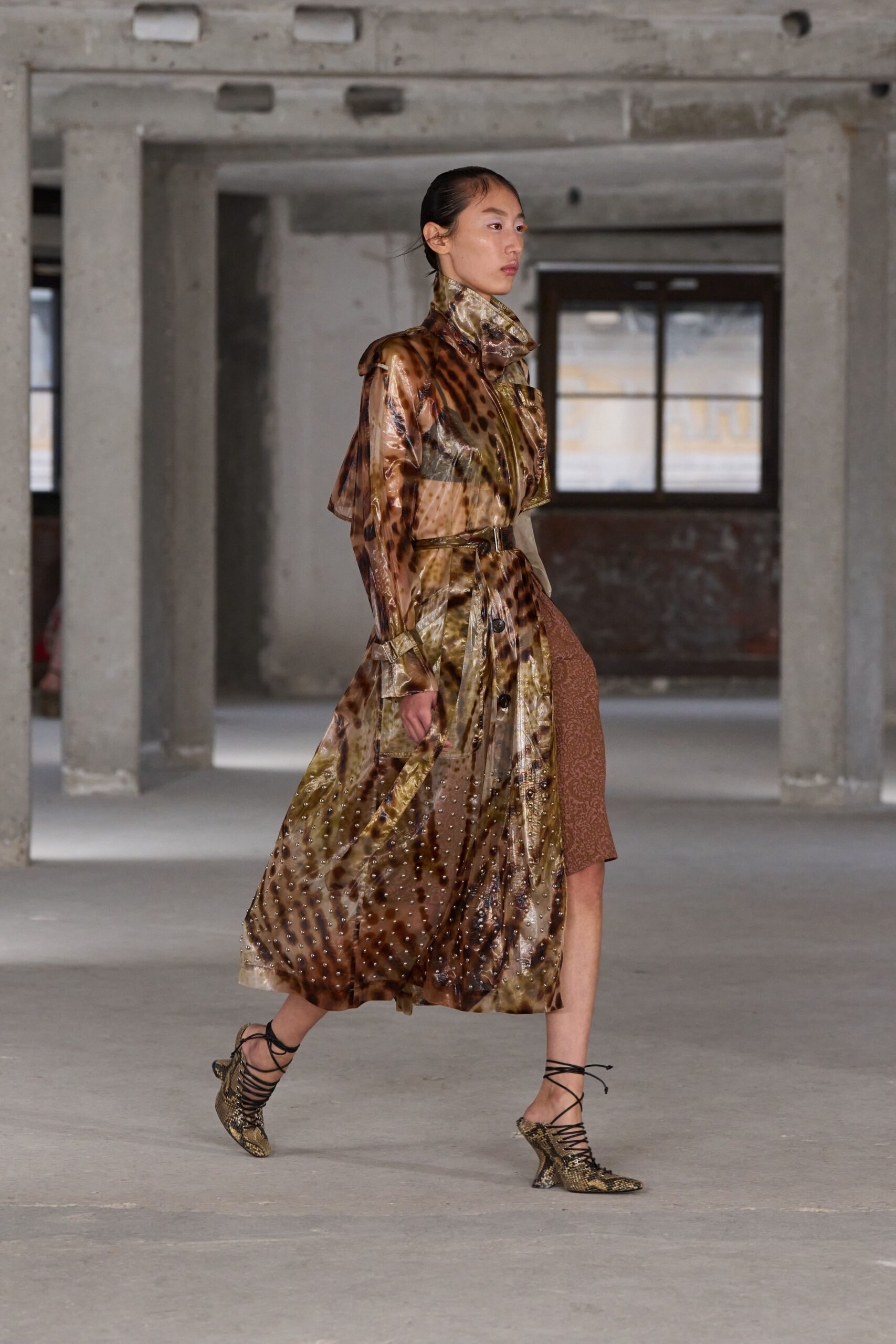 brown silk long-sleeve collared fitted pleated embroidered dress