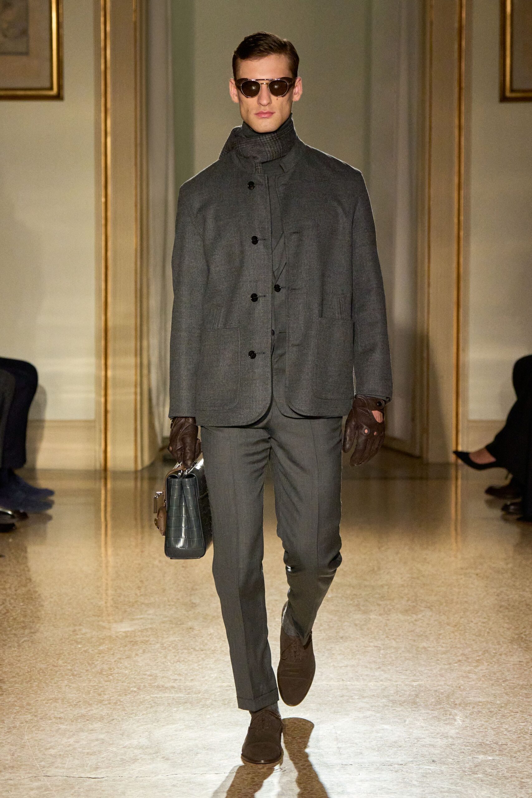 gray wool jacket with tailored pants