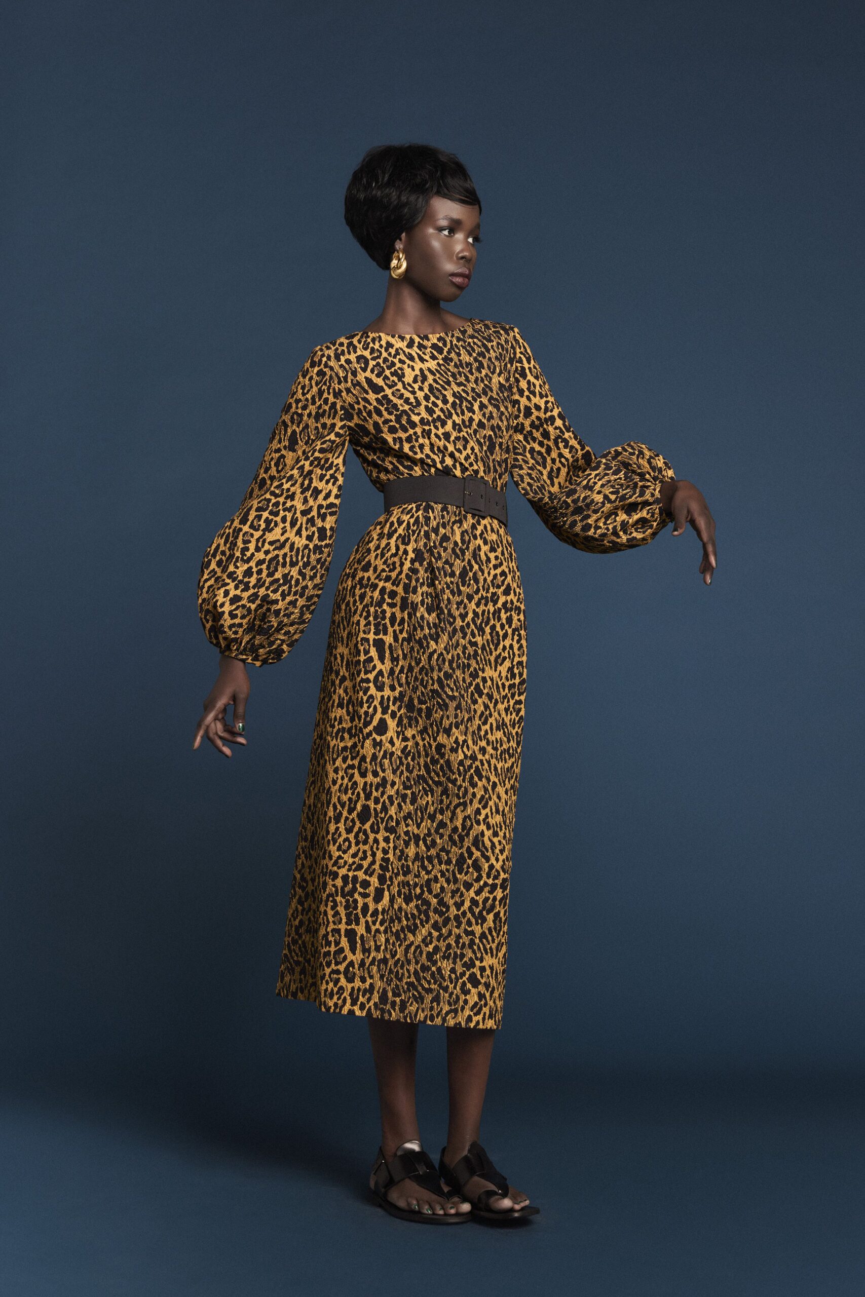 yellow cotton long-sleeve collared fitted printed tiered dress