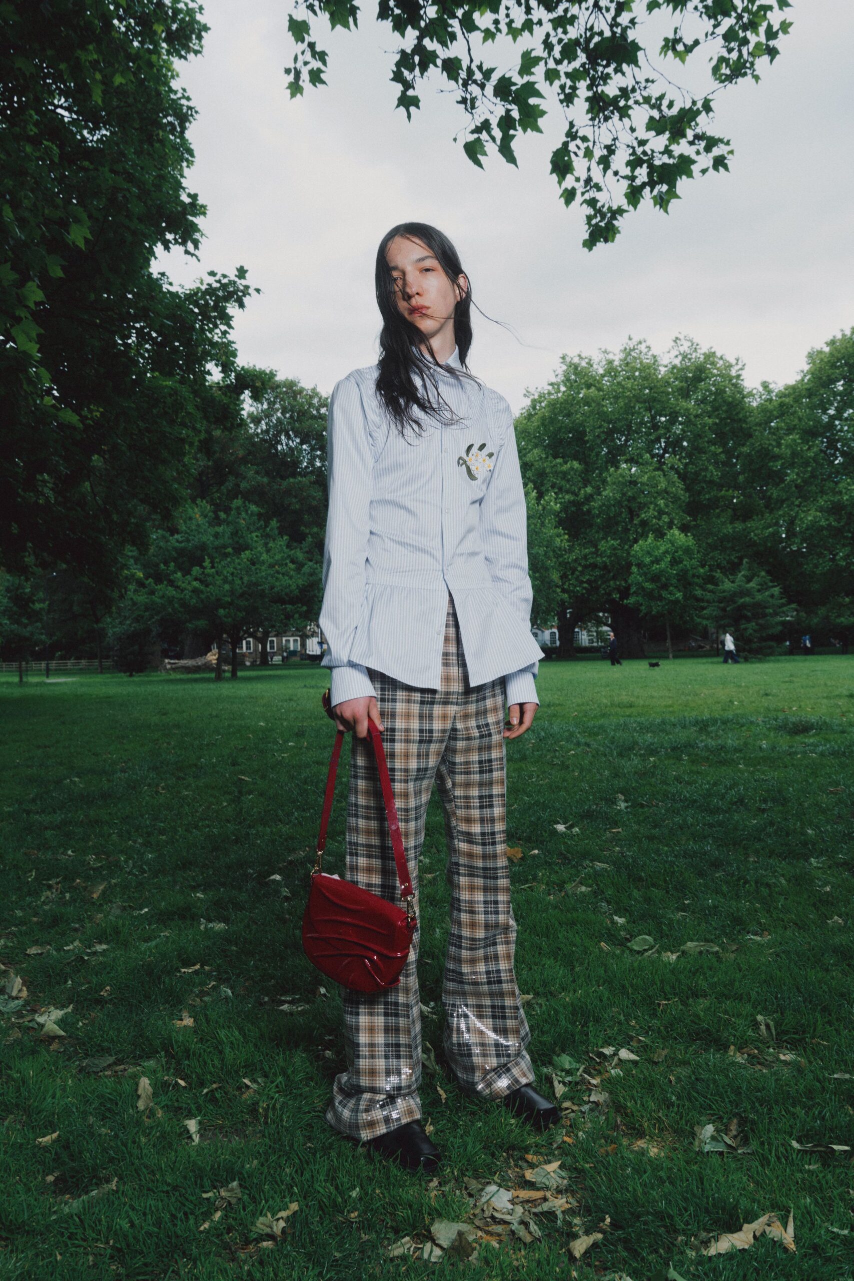 relaxed white blue striped shirt with checked pants