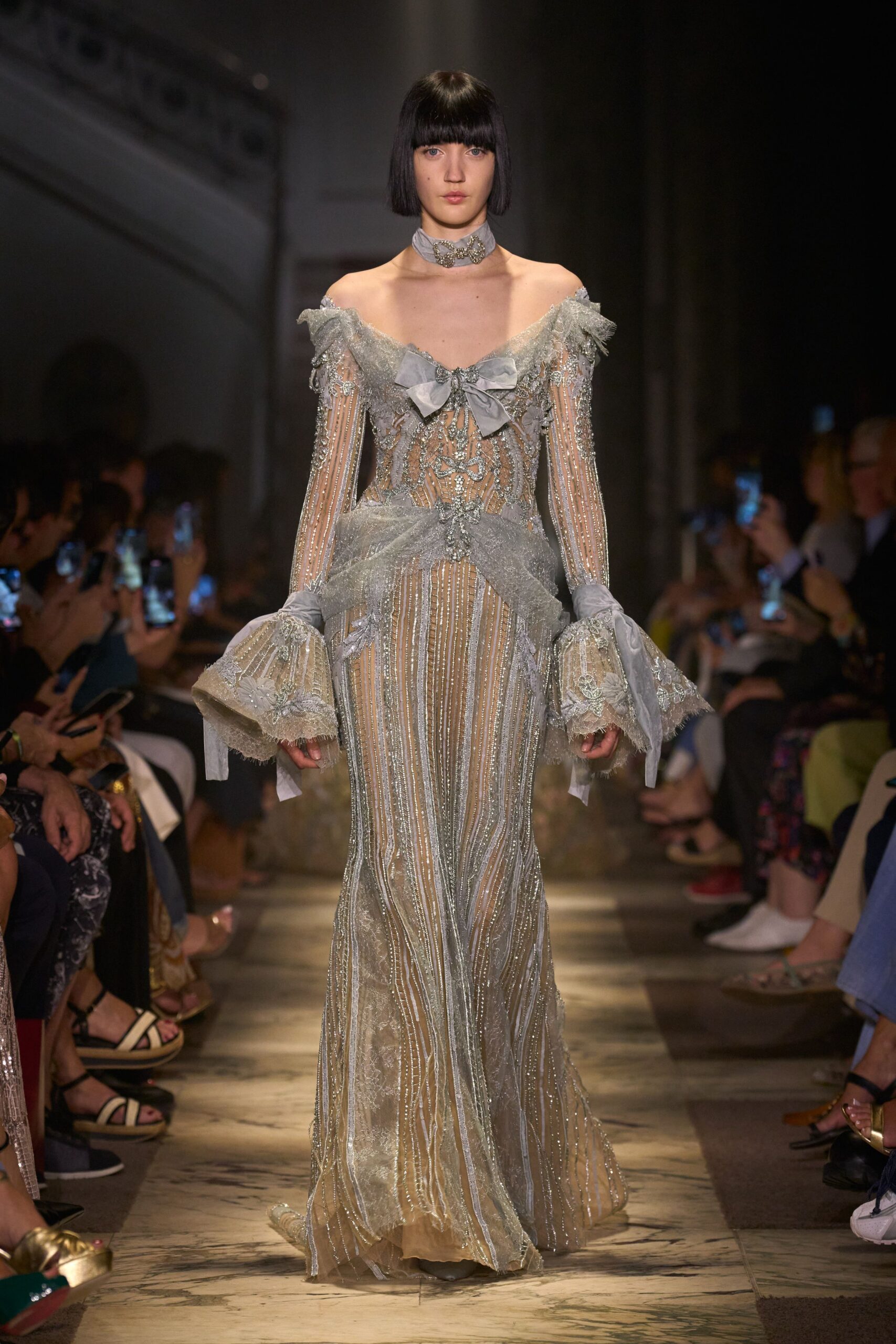 silver gold off-shoulder gown