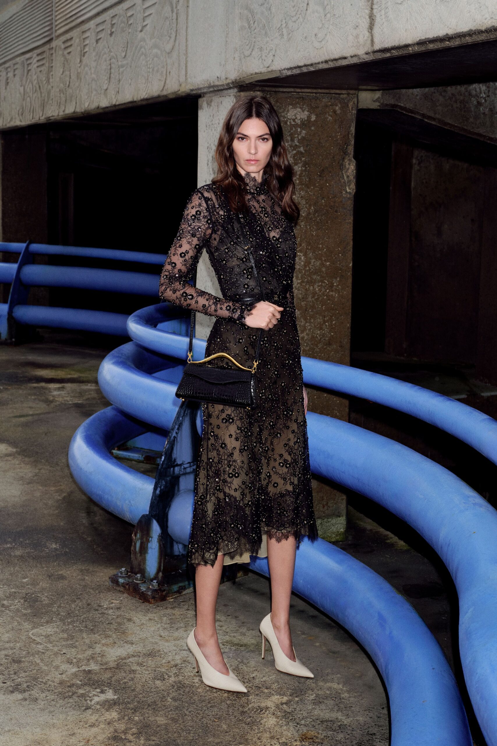 black lace midi dress with beige shoes