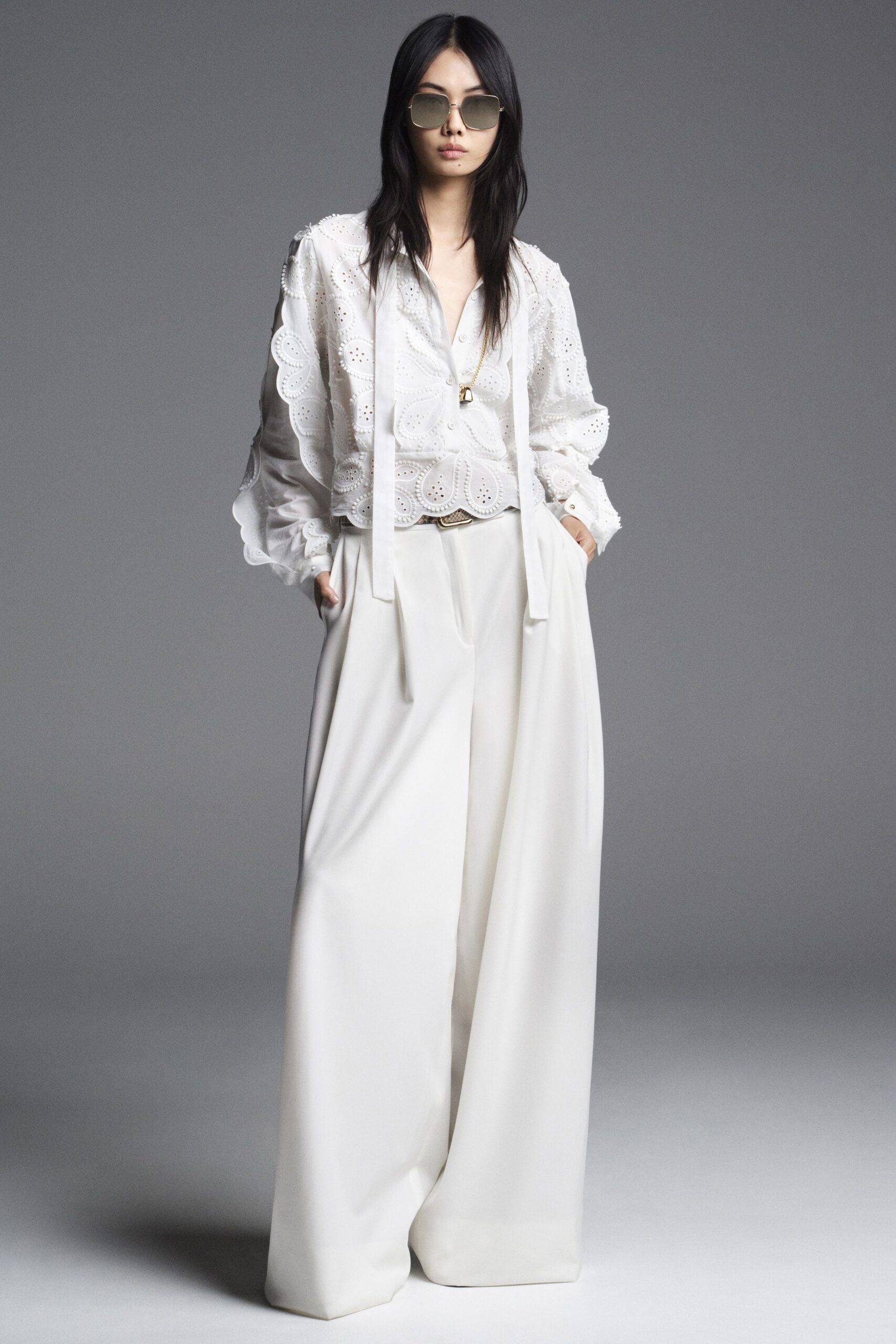 white cotton long-sleeve collared relaxed embroidered blouse