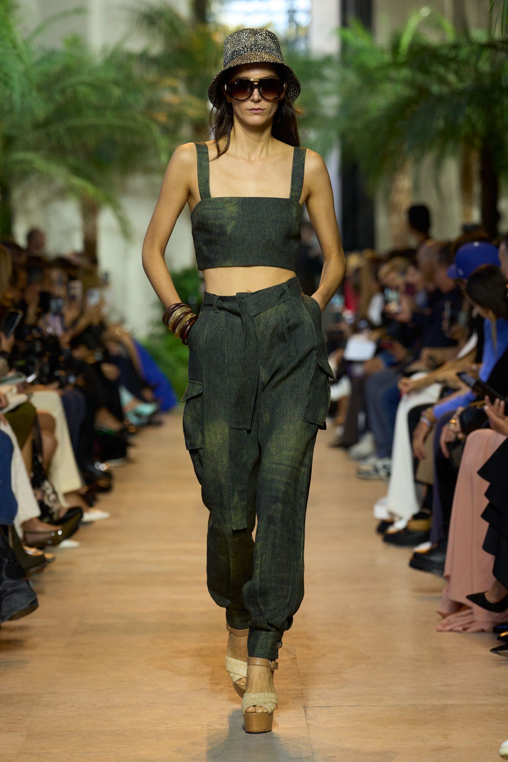 green cotton sleeveless square-neck fitted layered short crop-top