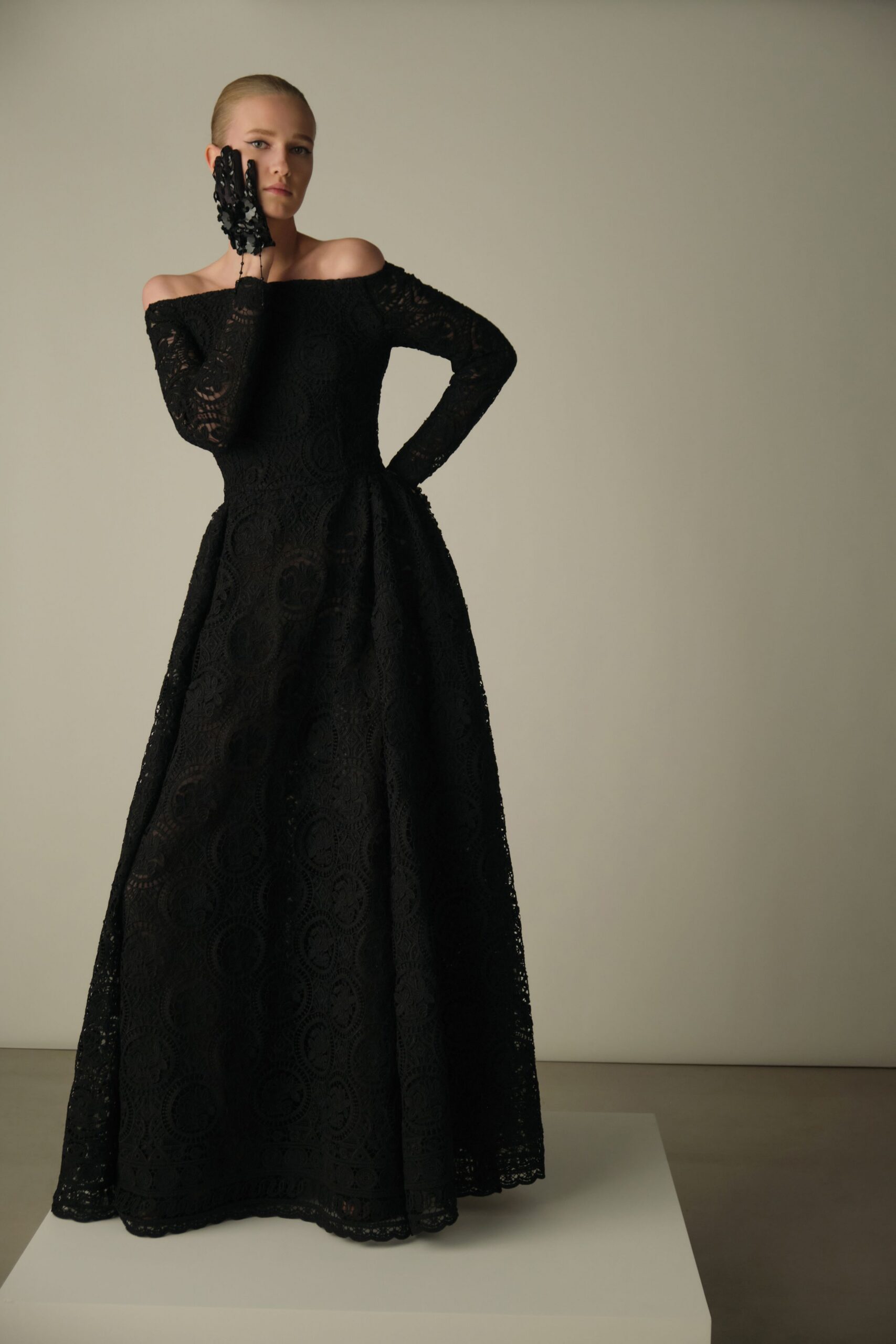 black lace long-sleeve off-shoulder fitted embroidered tiered gown