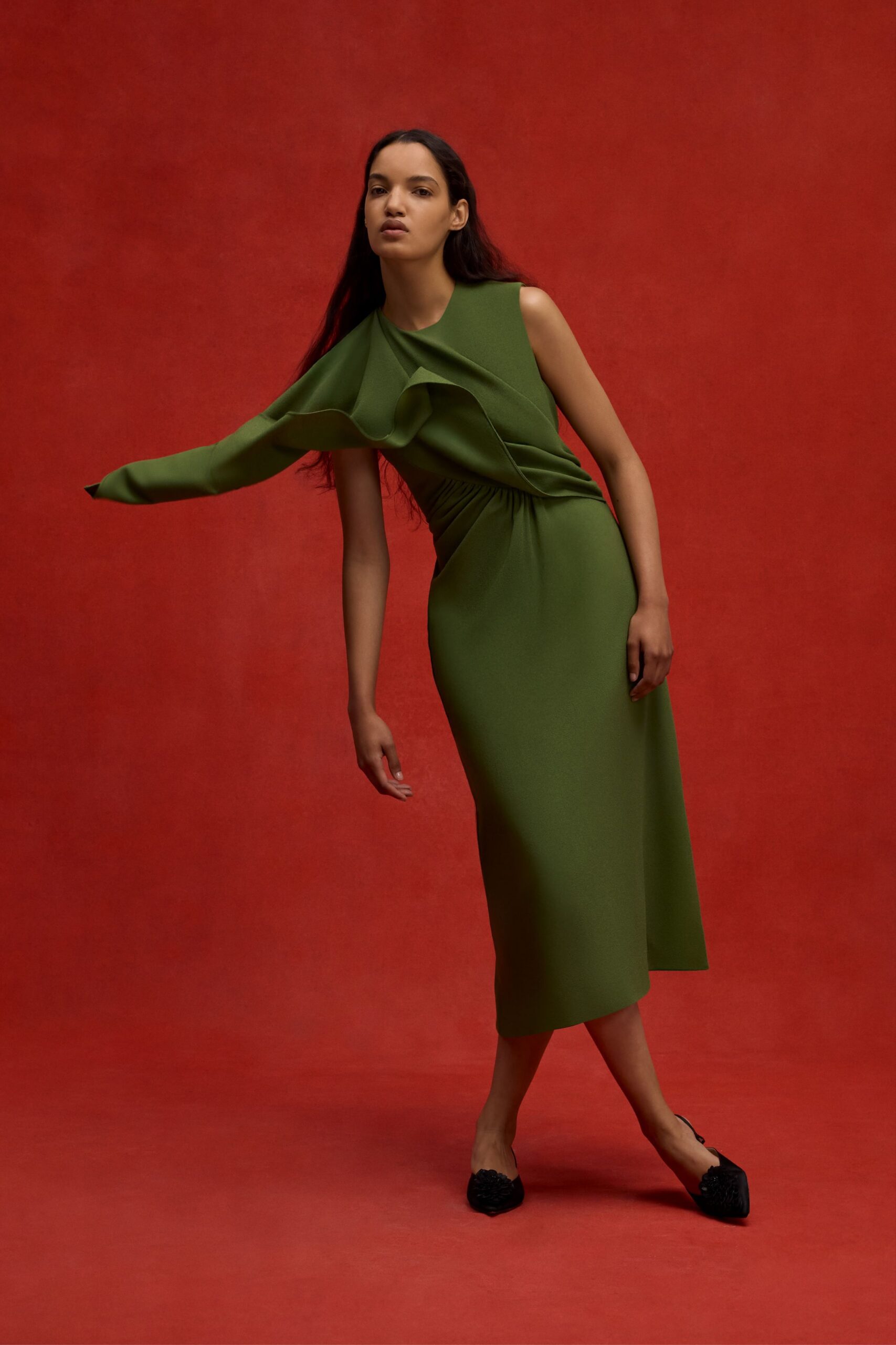 green cotton sleeveless high-neck fitted draped midi dress