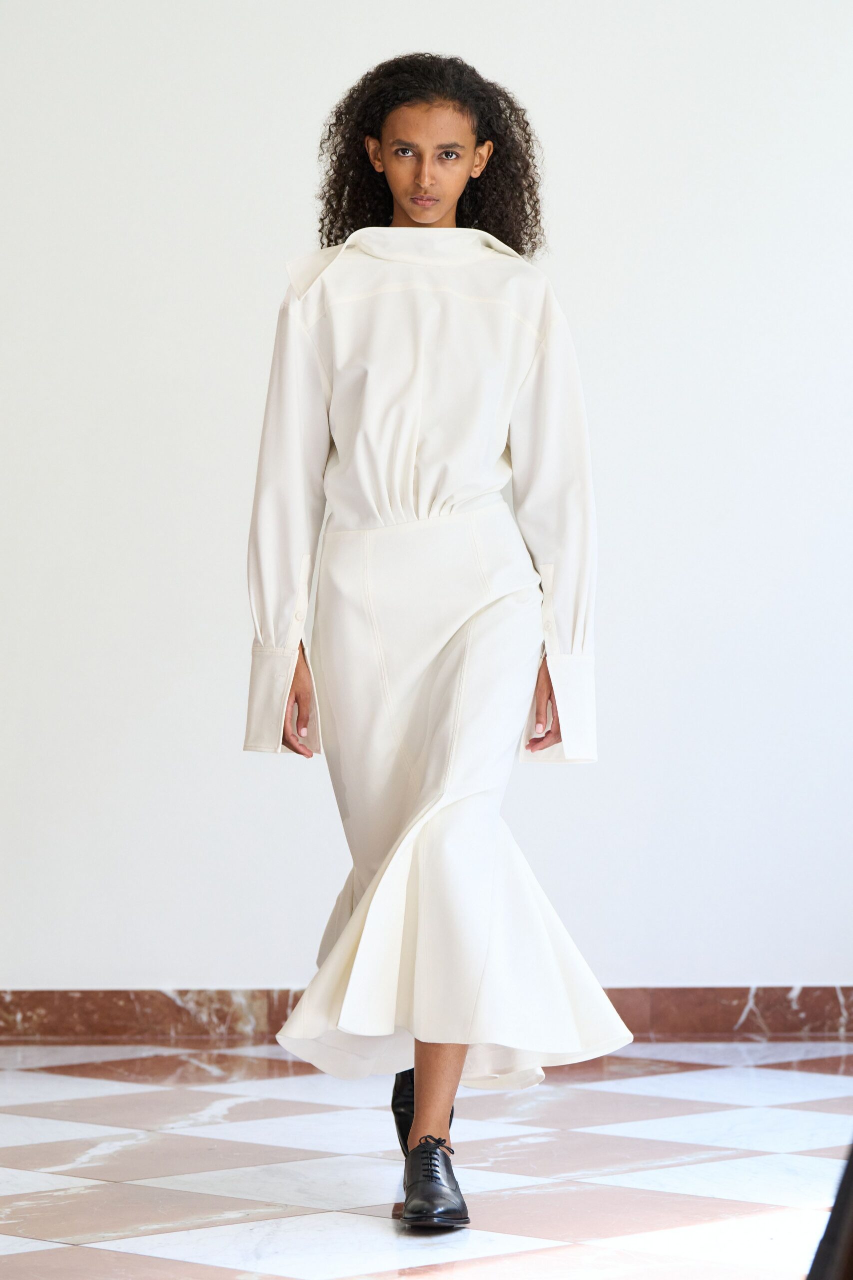 white cotton asymmetric fitted flared midi skirt