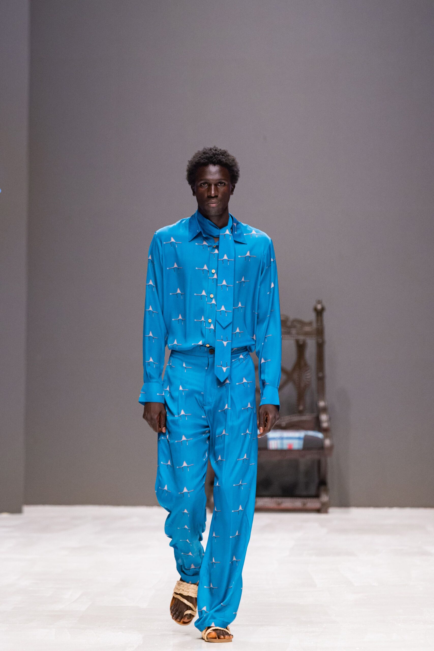 blue printed shirt and pants