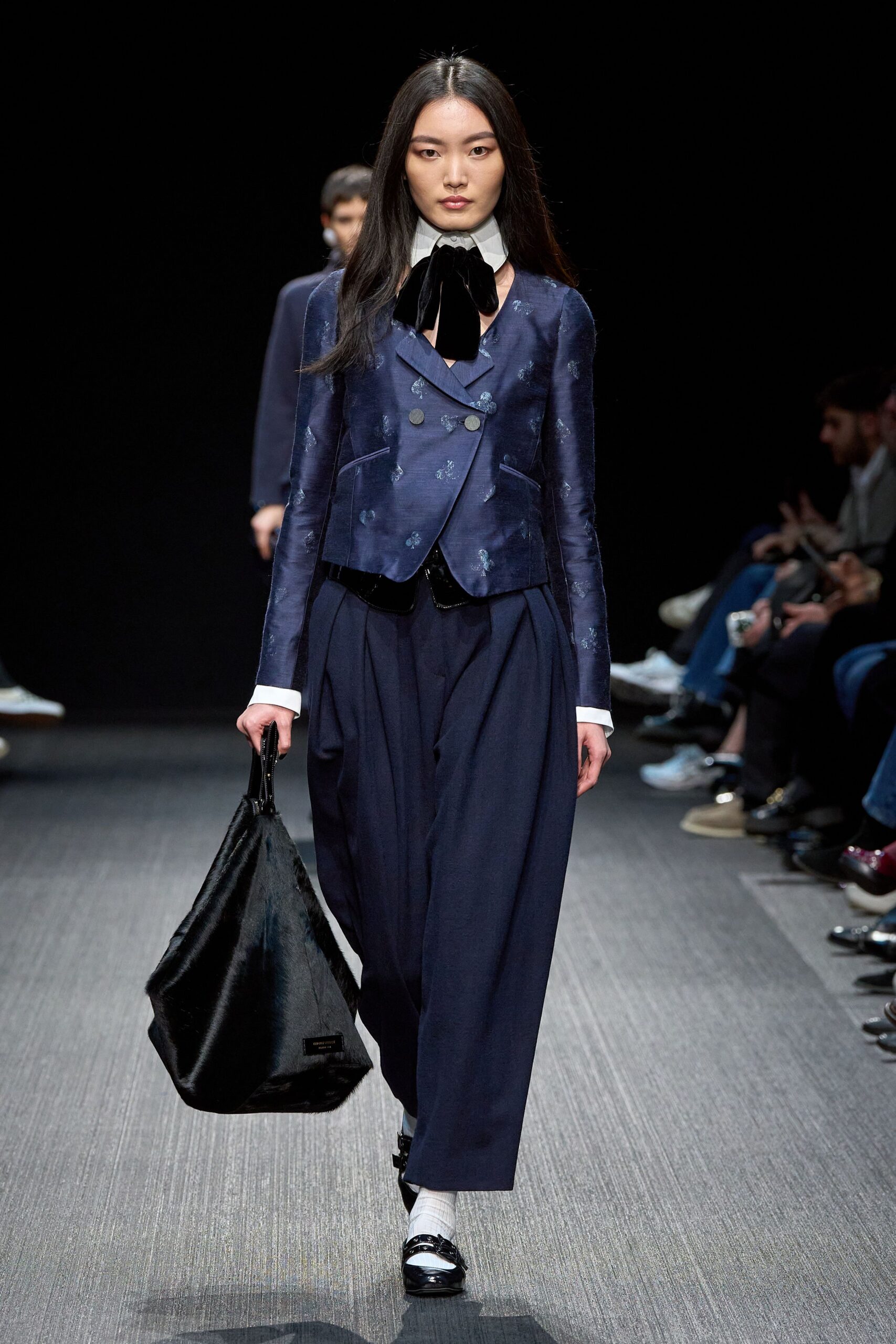 blue silk long-sleeve collared tailored embroidered blazer