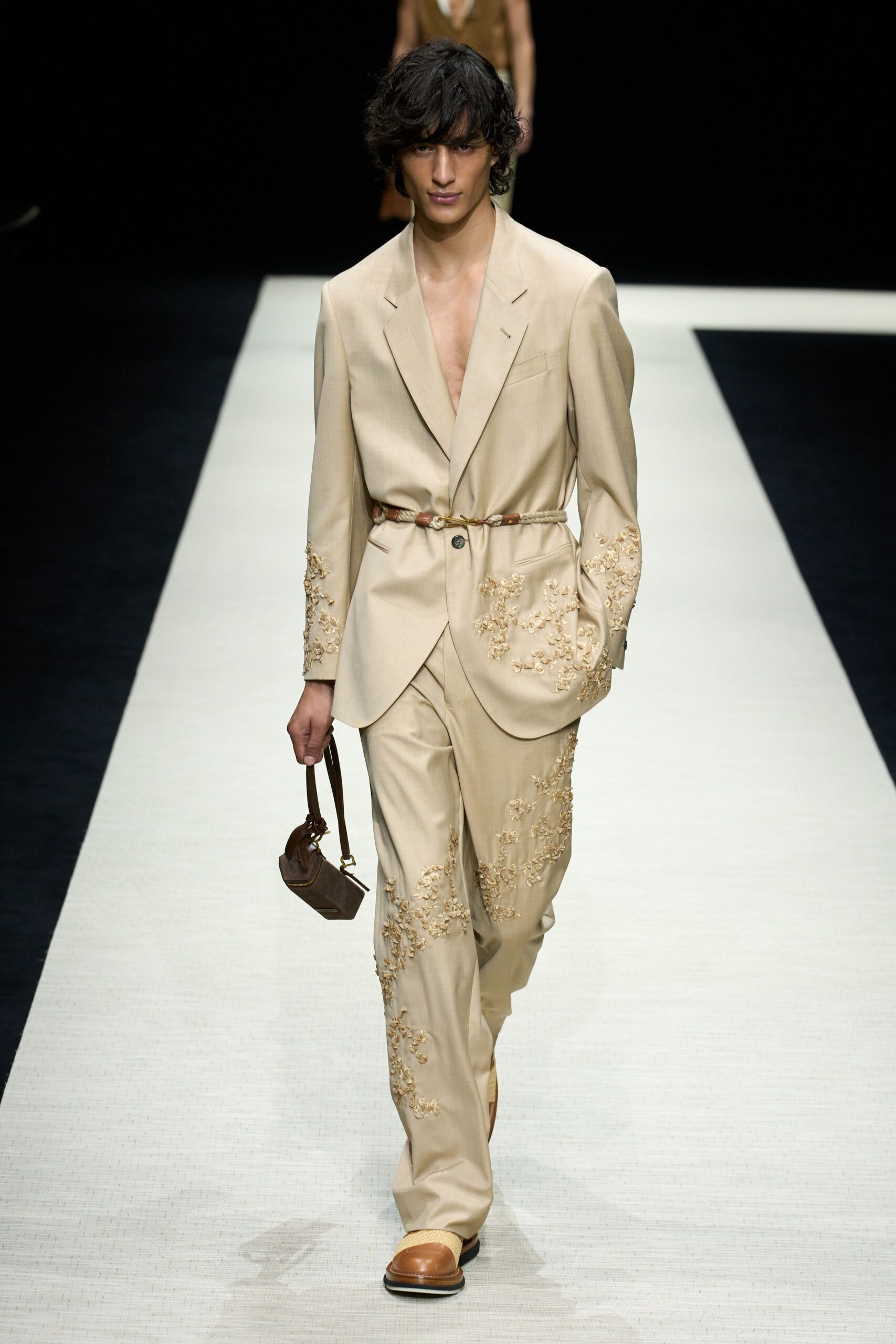 beige cotton long-sleeve collared tailored embroidered suit