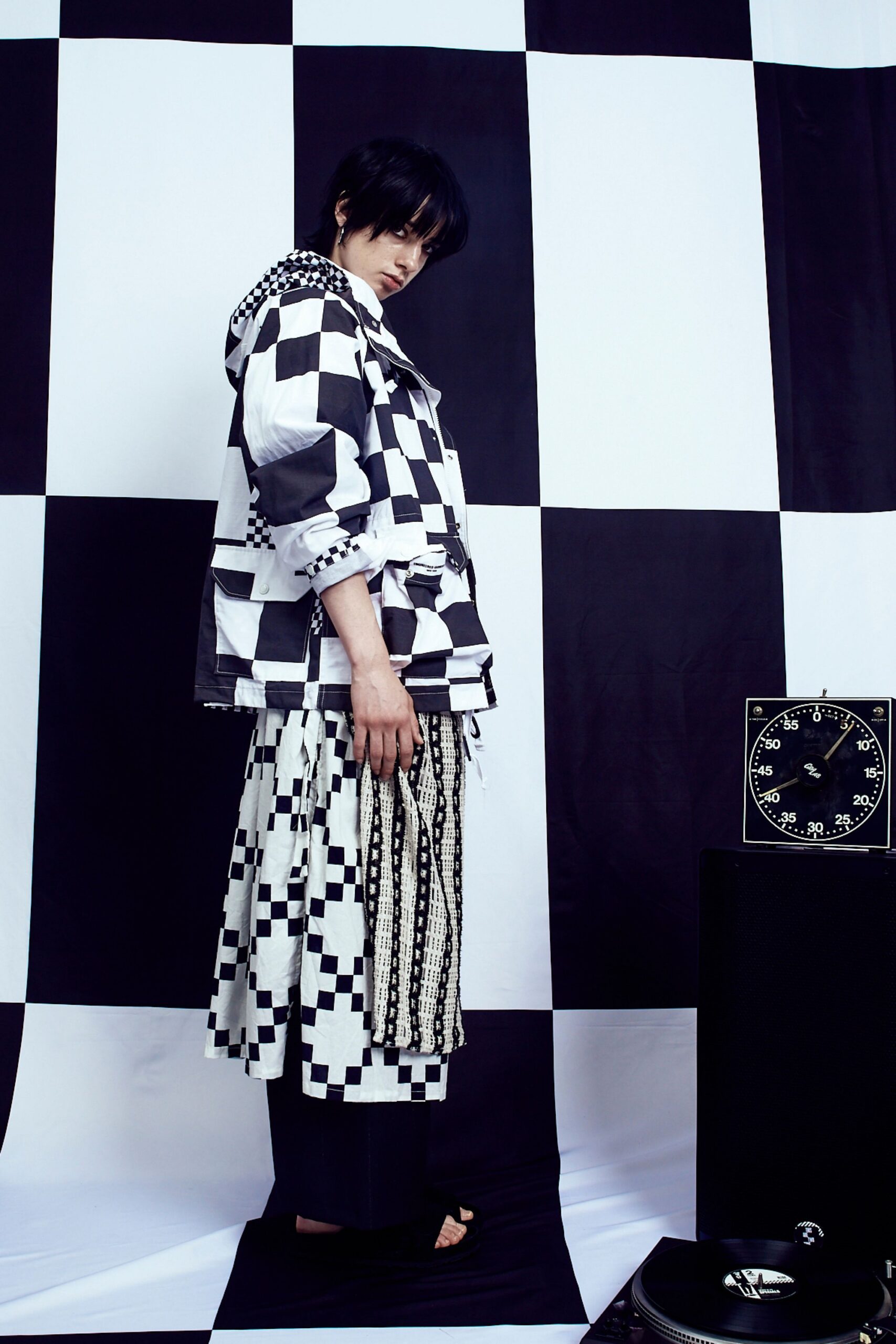 black and white checked jacket and skirt