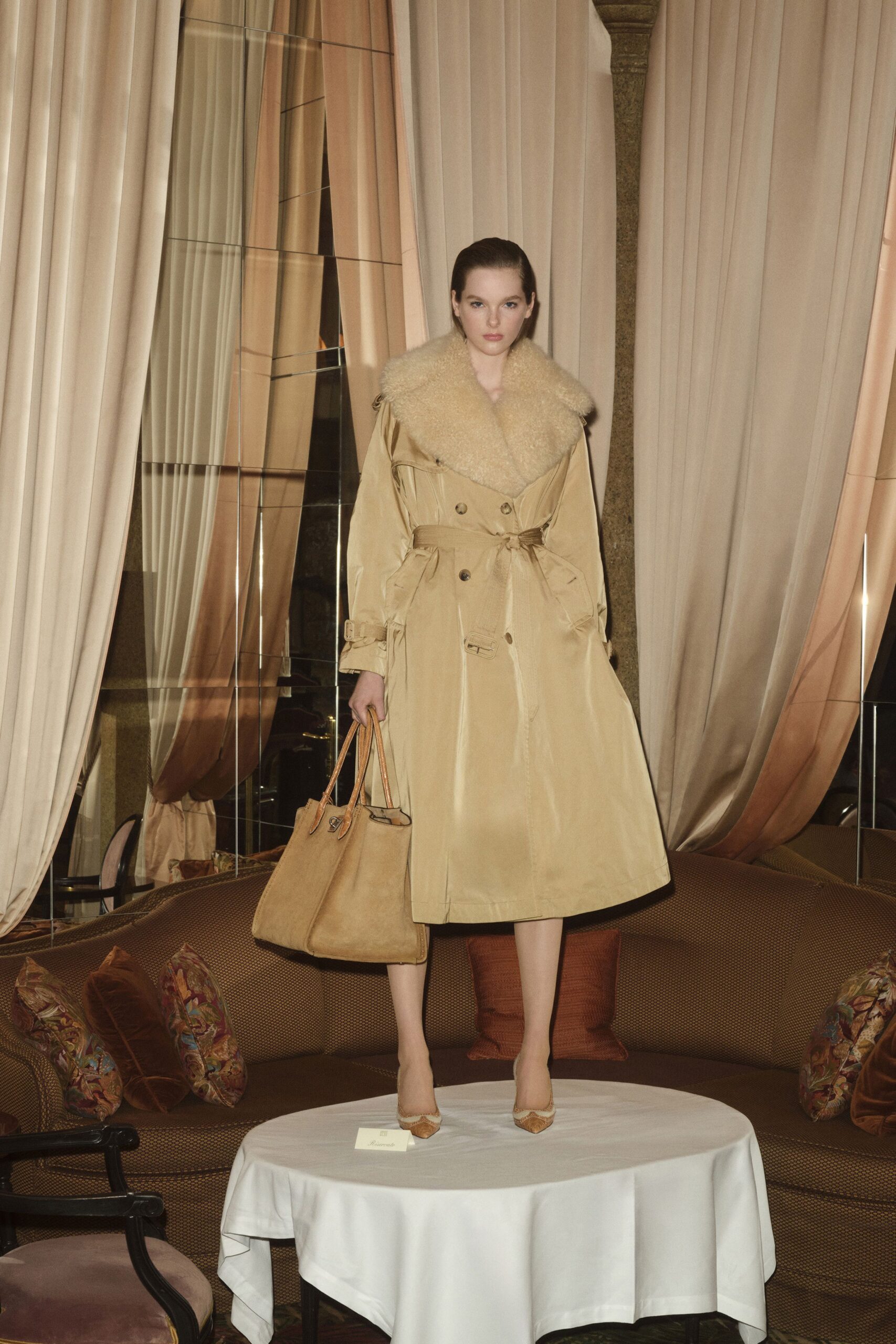 beige cotton long-sleeve collared relaxed belted midi coat