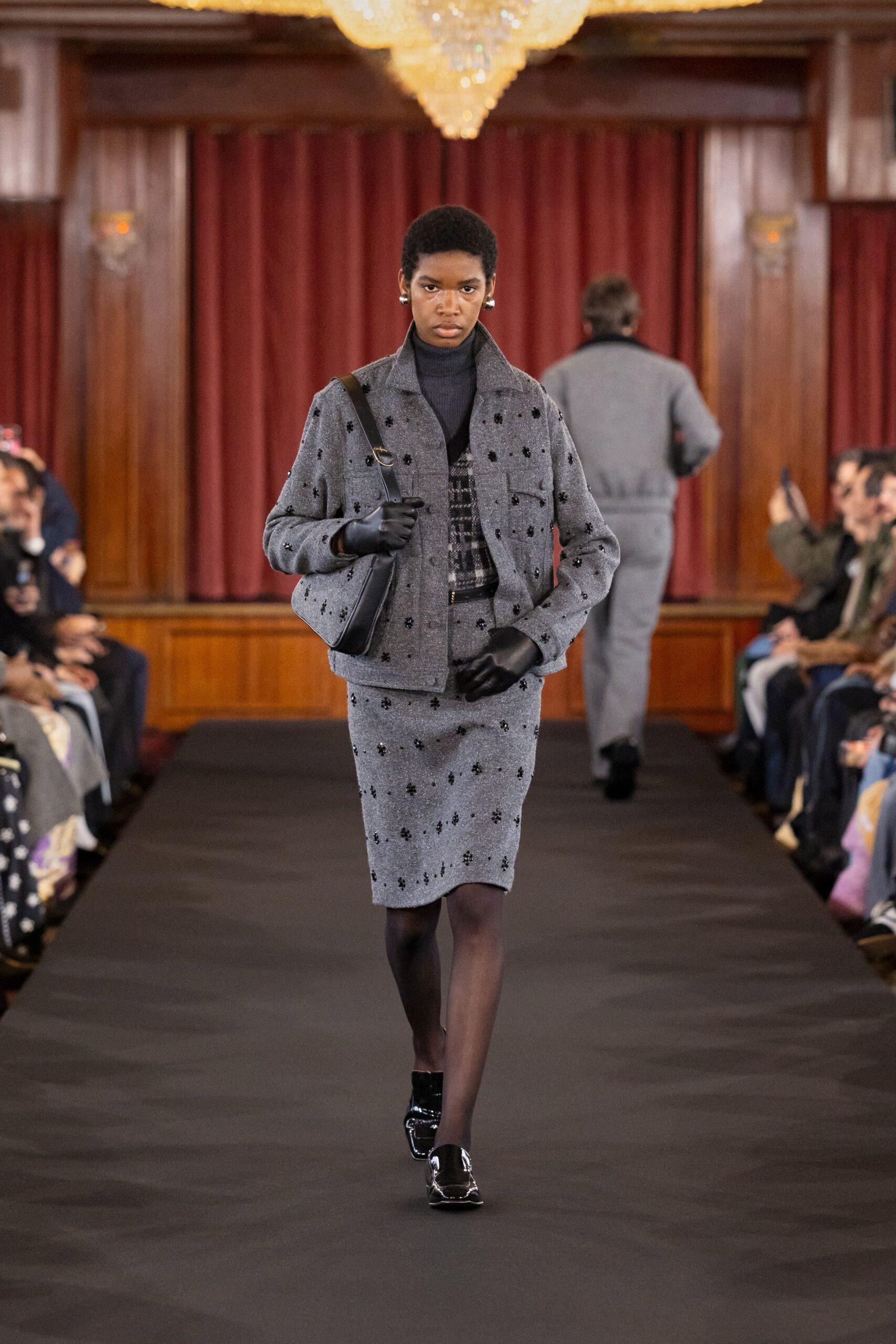 gray wool long-sleeve collared fitted buttoned embroidered jacket