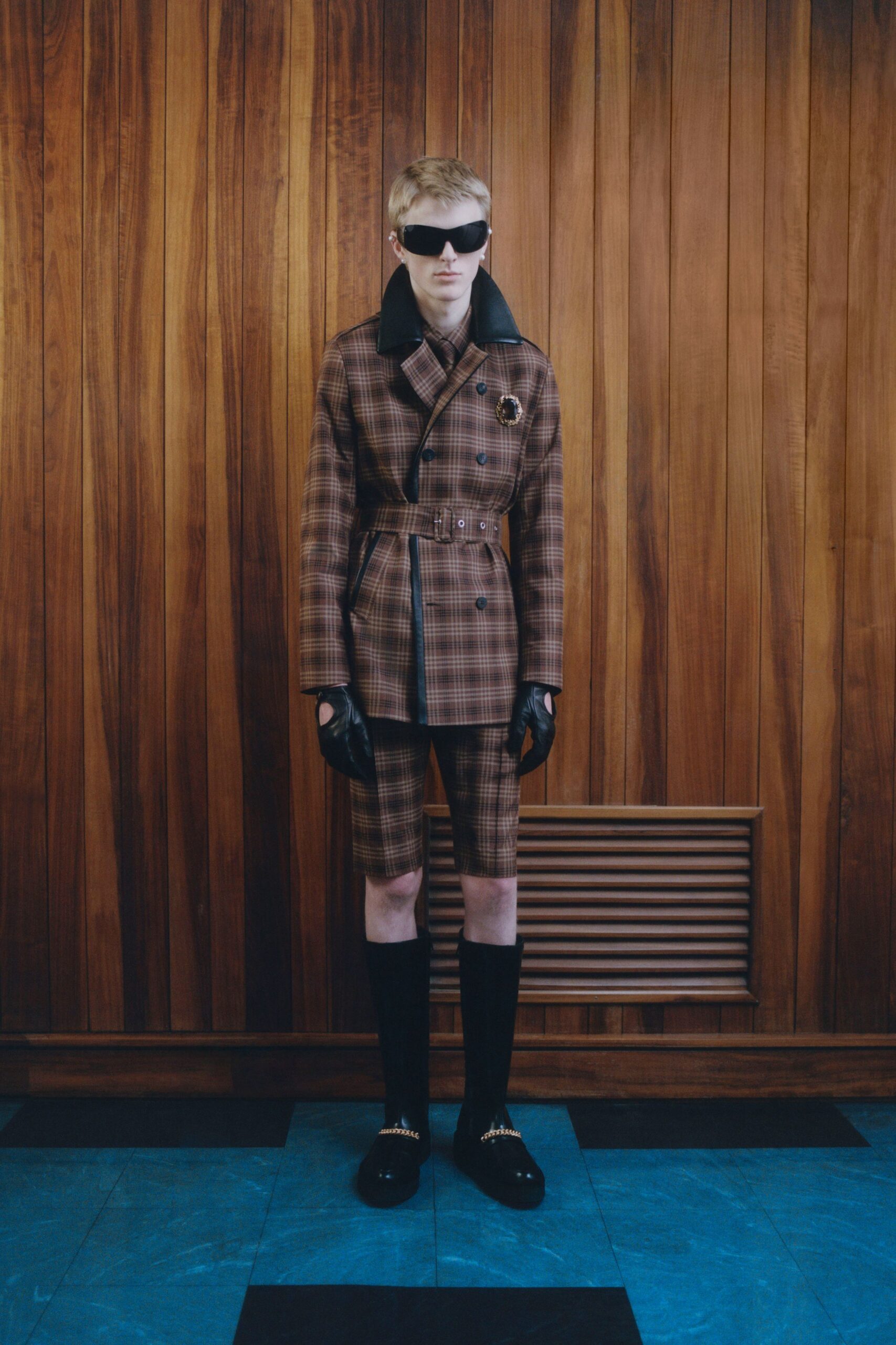 brown checked tailored blazer and shorts