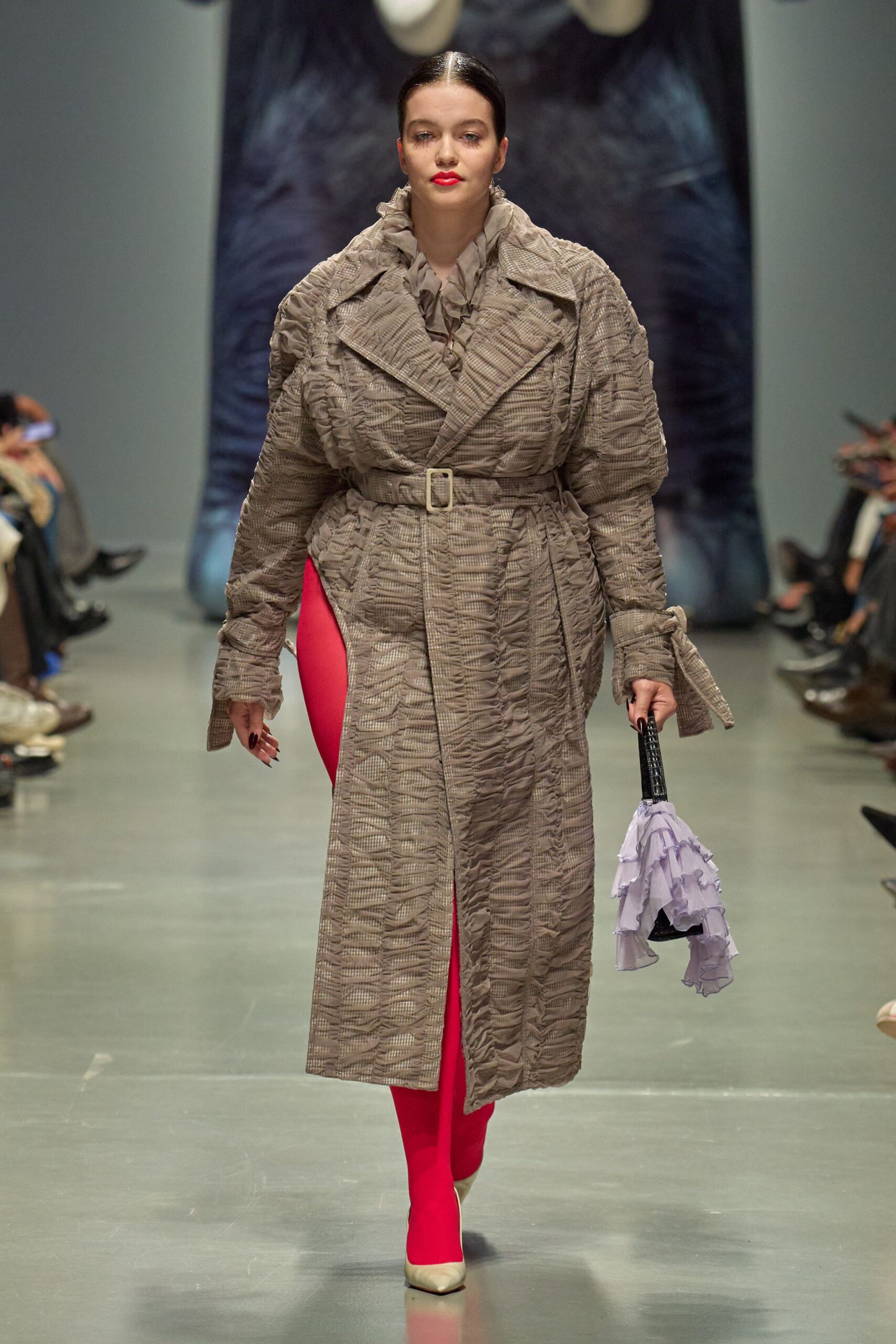 beige cotton long-sleeve collared relaxed belted pleated coat