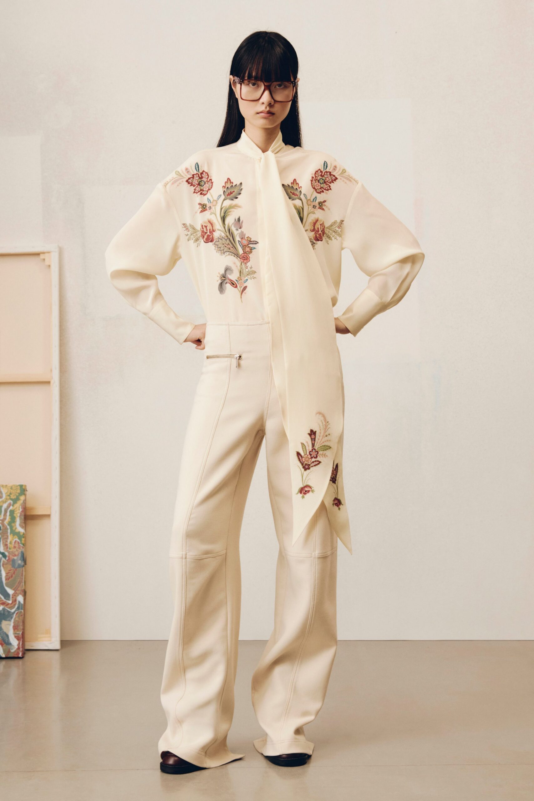 ivory silk fitted straight-leg pants