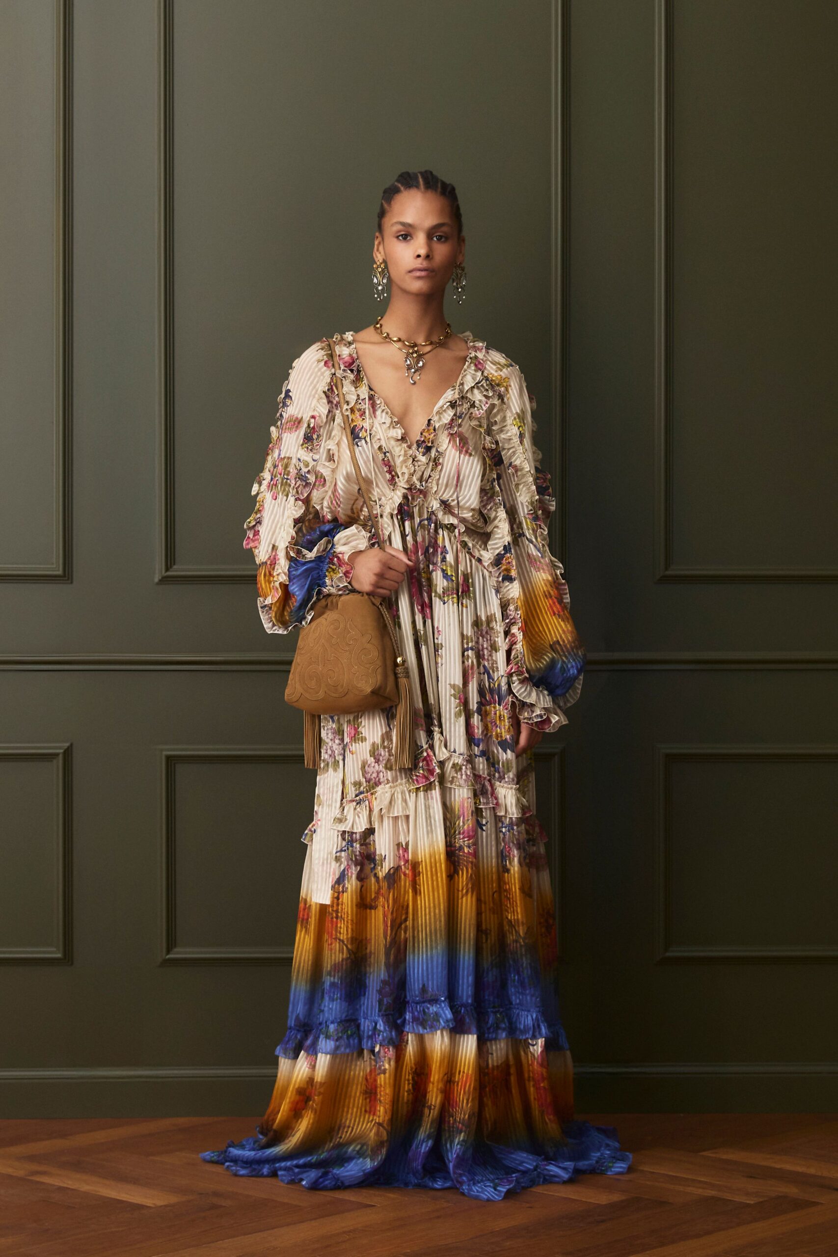 beige silk long-sleeve v-neck fitted pleated flared gown
