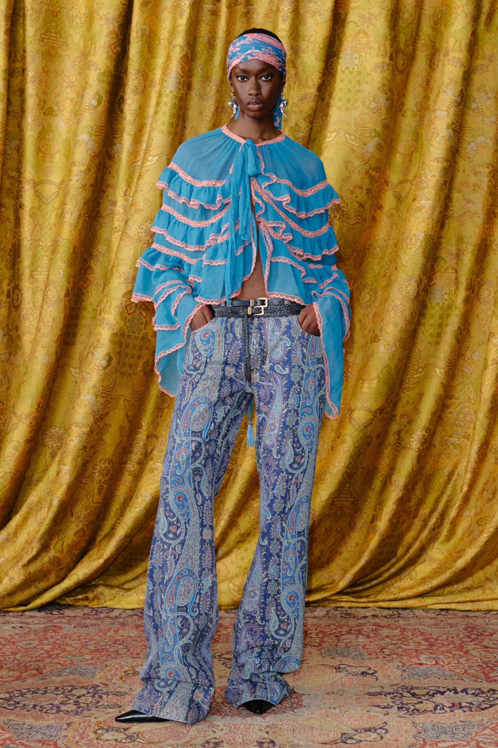 blue chiffon cape with flared pants