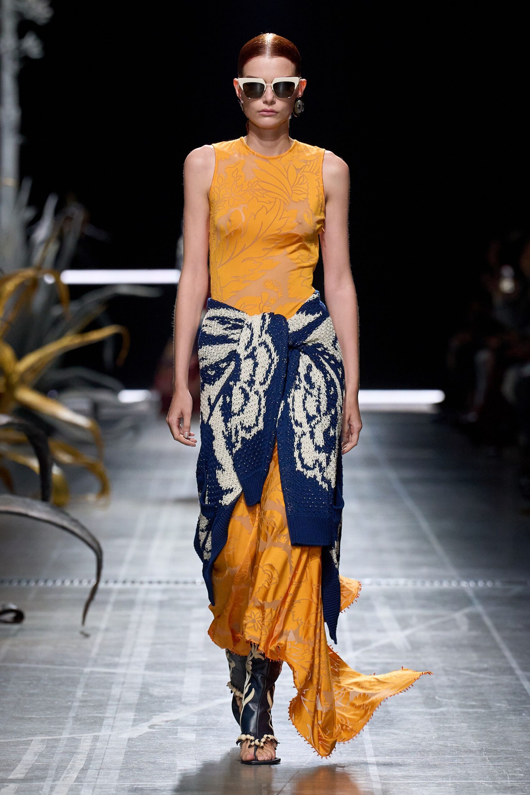 yellow silk sleeveless high-neck fitted flared printed dress