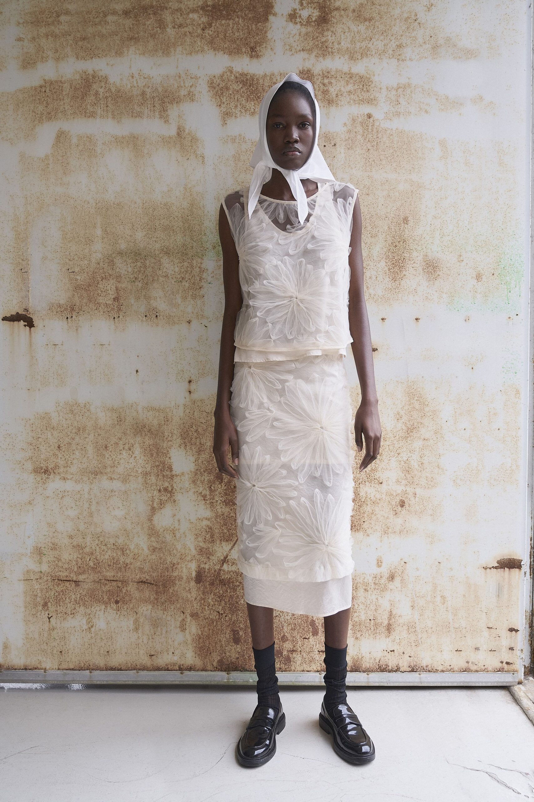 white chiffon sleeveless high-neck fitted embroidered layered dress