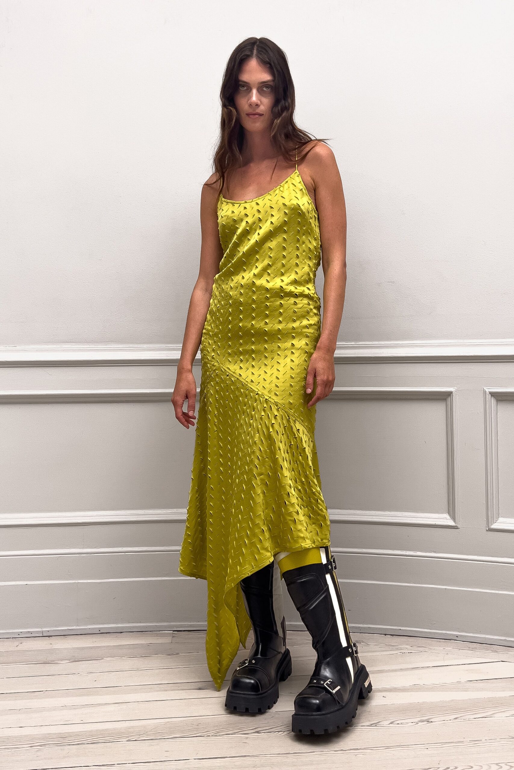 yellow silk sleeveless v-neck fitted draped shiny dress