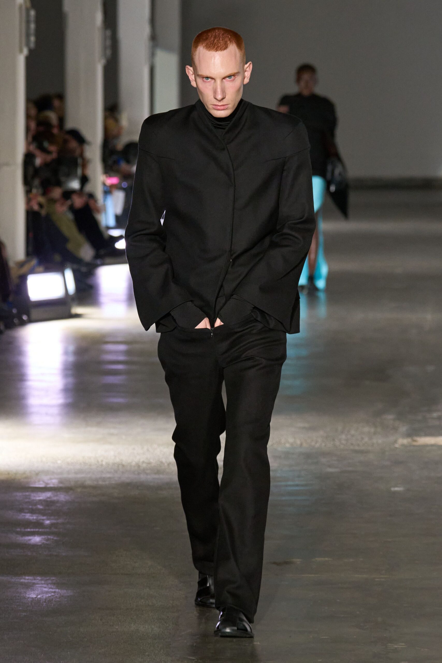 black structured jacket and tailored pants