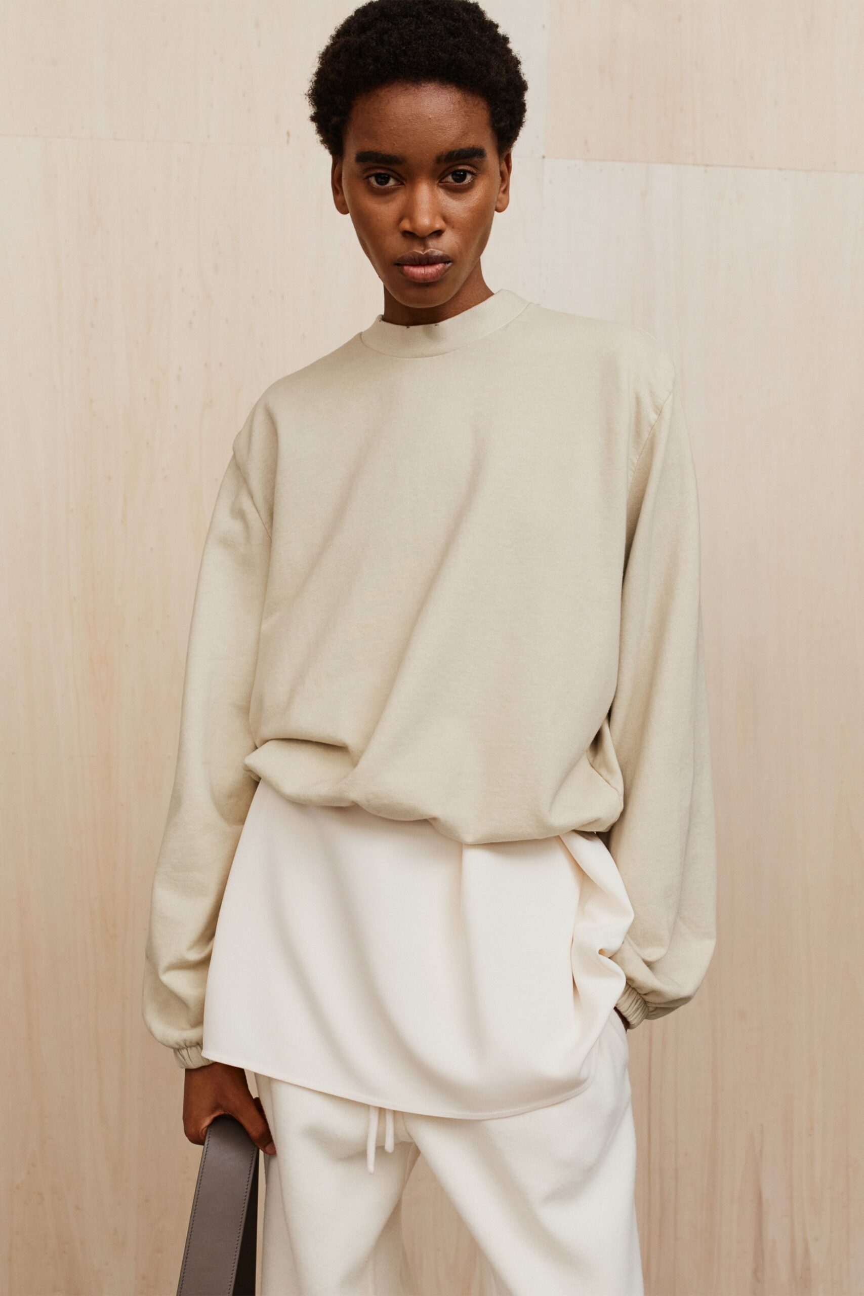 beige cotton long-sleeve high-neck oversized top