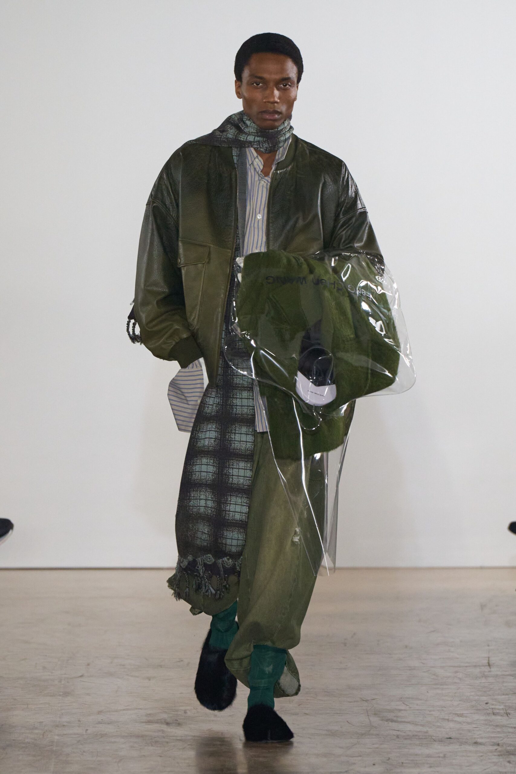 green leather long-sleeve collared relaxed zippered jacket