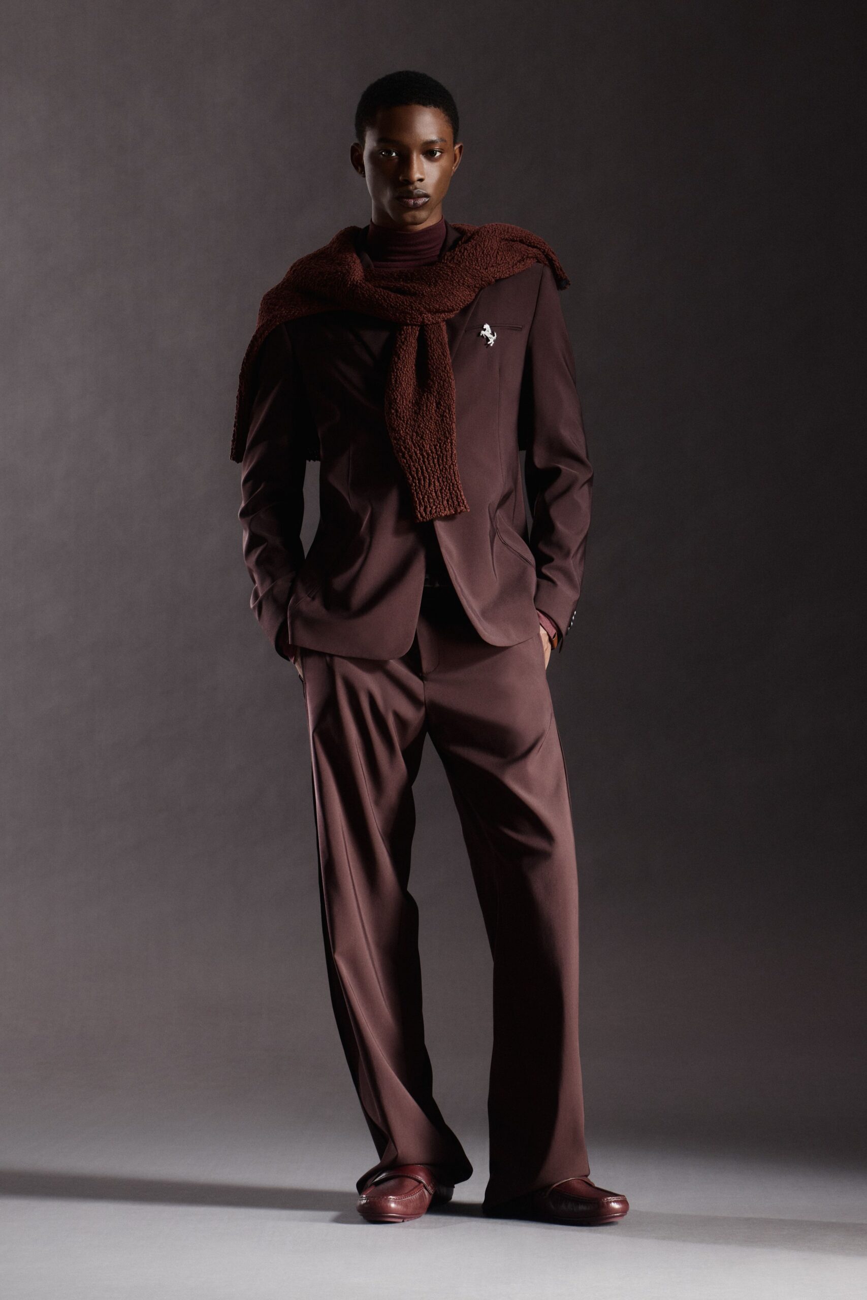 brown tailored suit with knit sweater