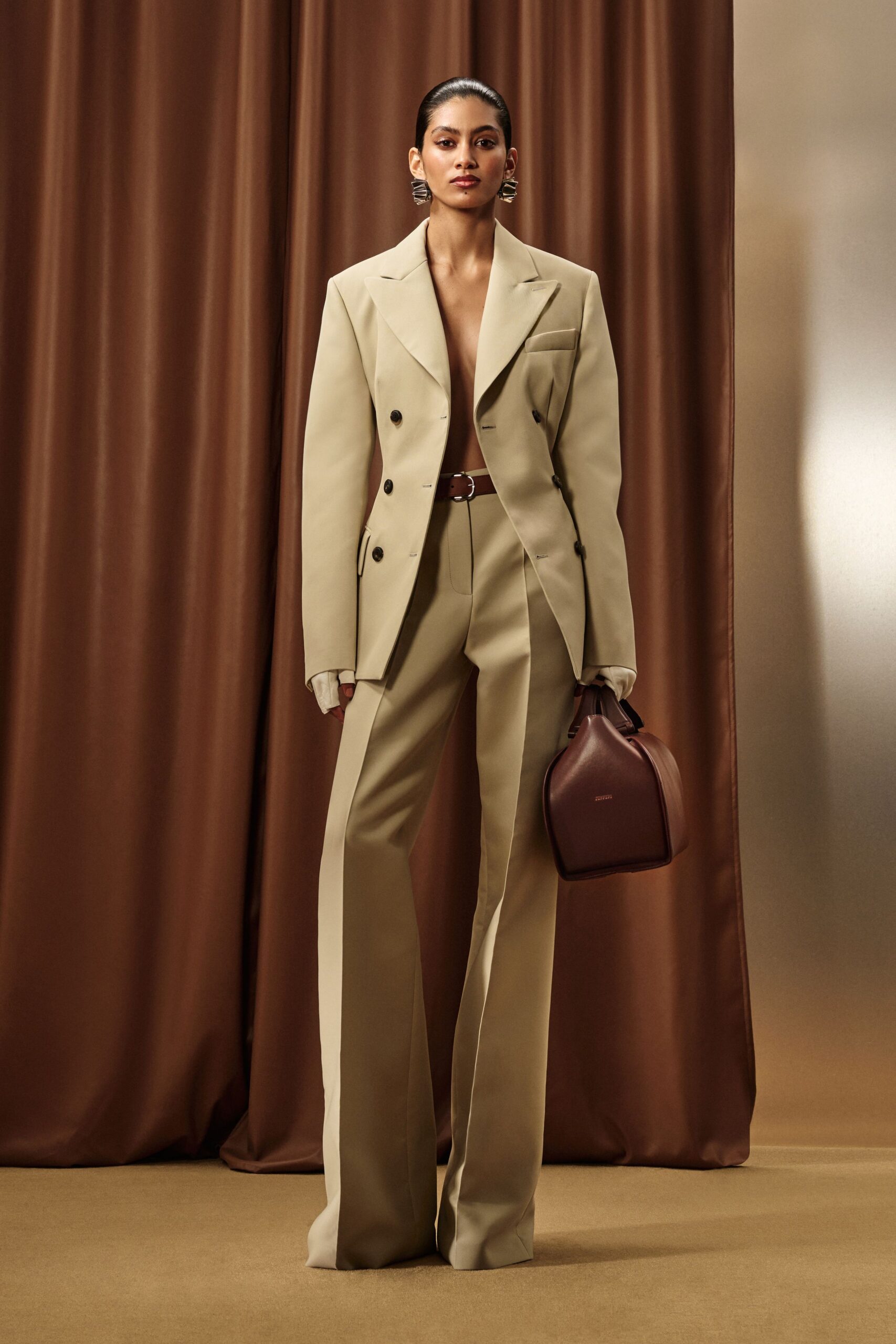 beige wool tailored high-waisted flared pants