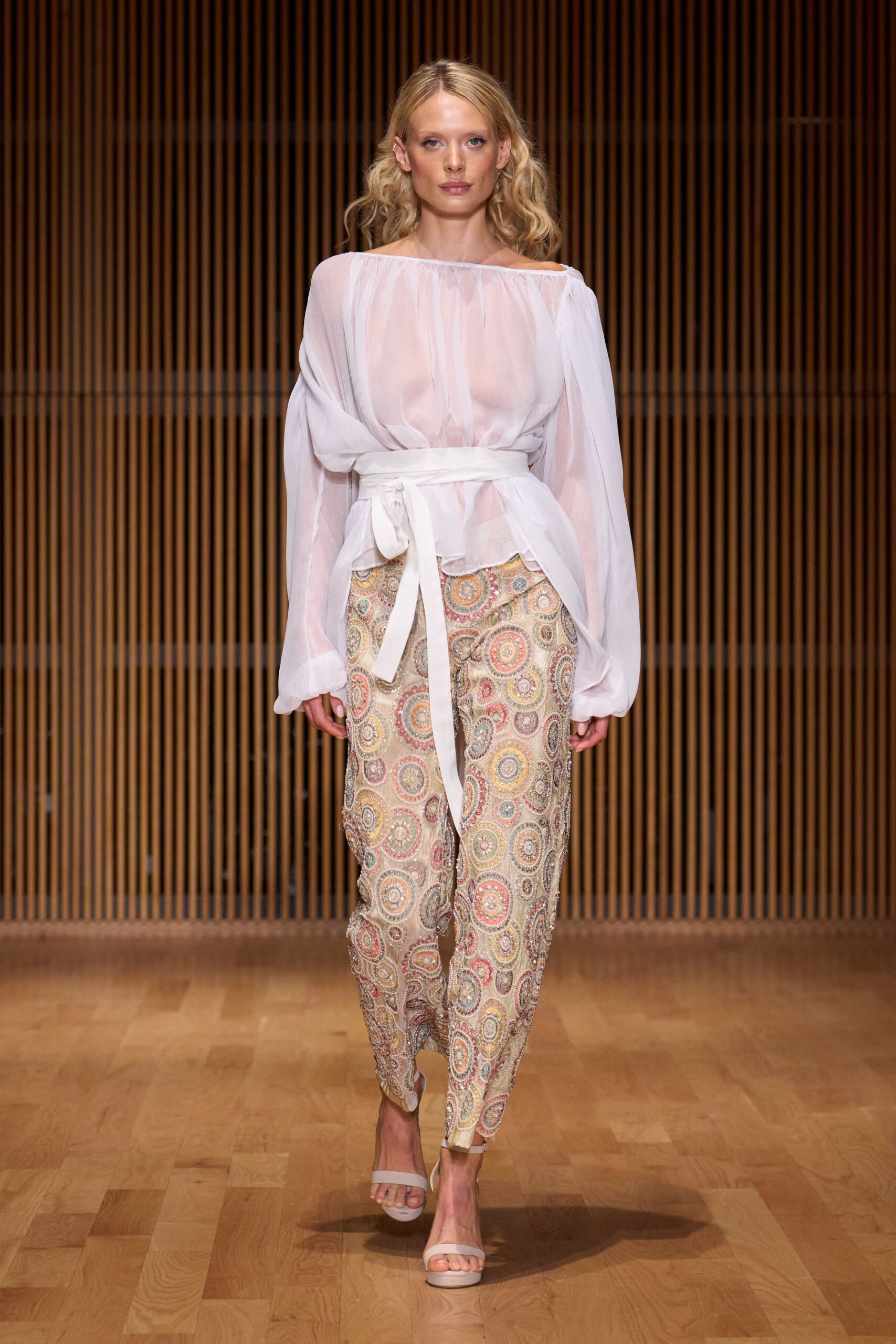 white chiffon blouse with printed pants