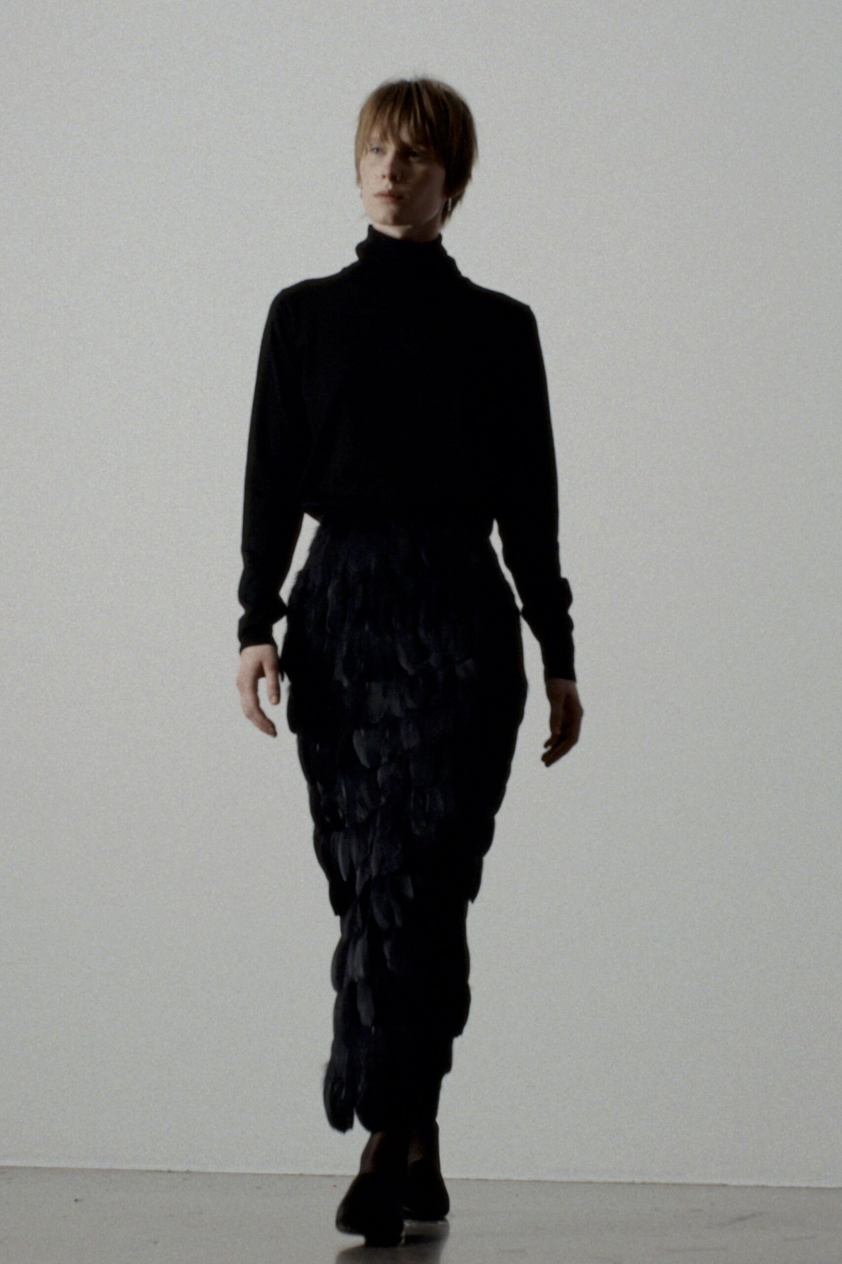 black feather fitted tiered skirt