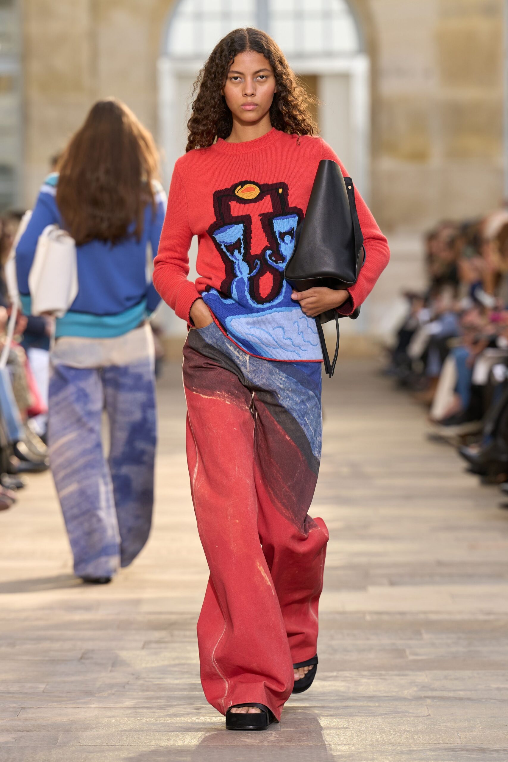 red cotton long-sleeve collared fitted printed sweater