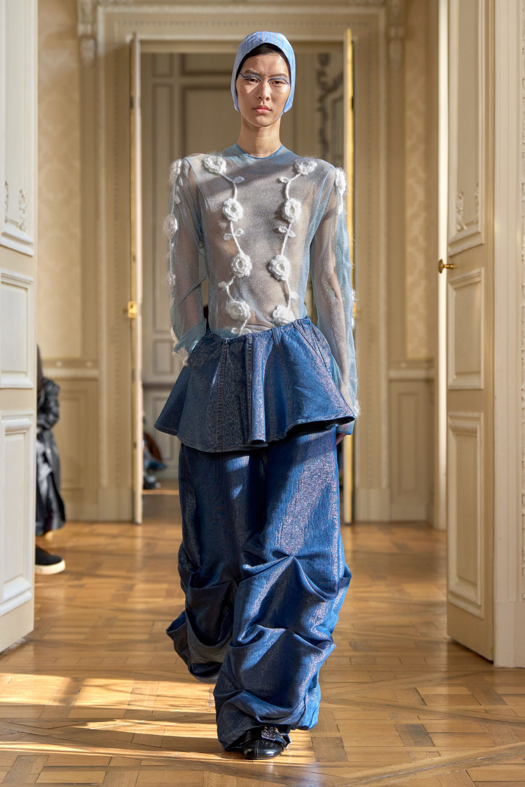 blue silk long-sleeve high-neck fitted ruffled sheer top