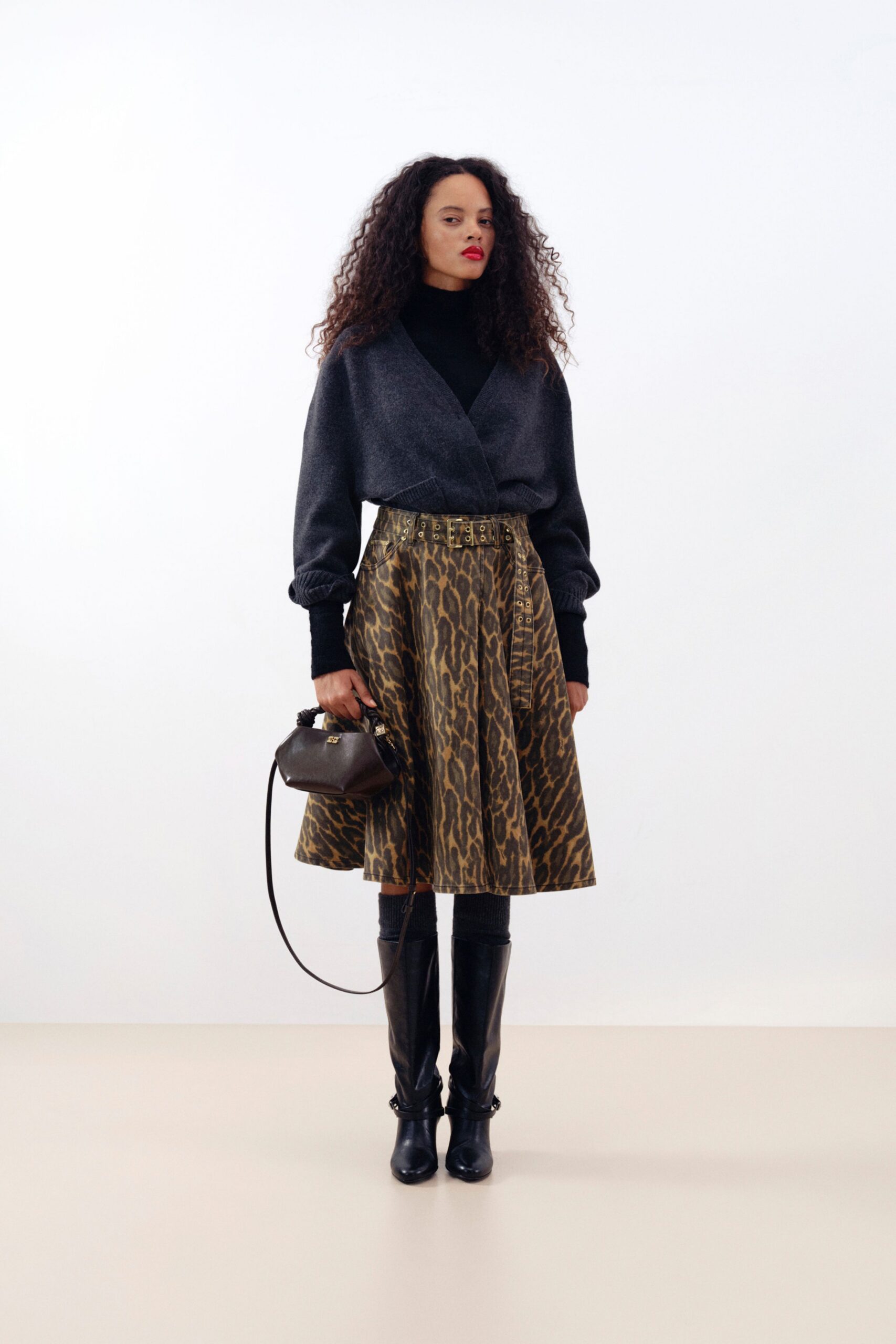 black fitted top with brown midi skirt