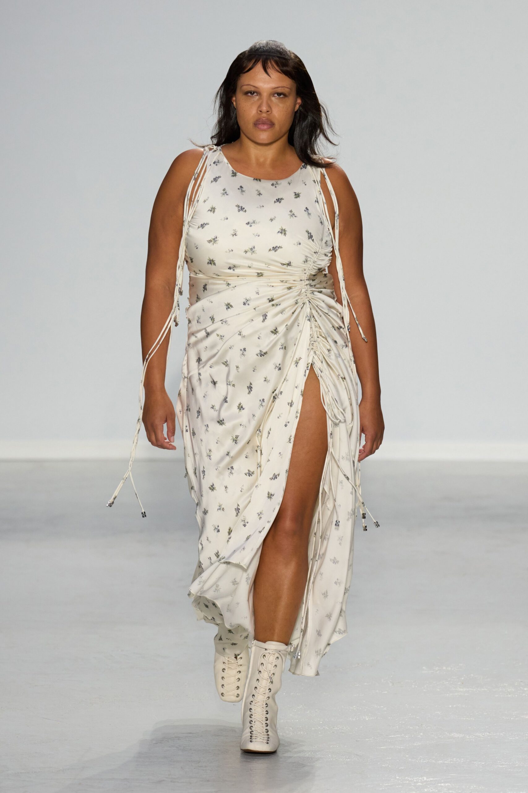 white floral midi dress with boots