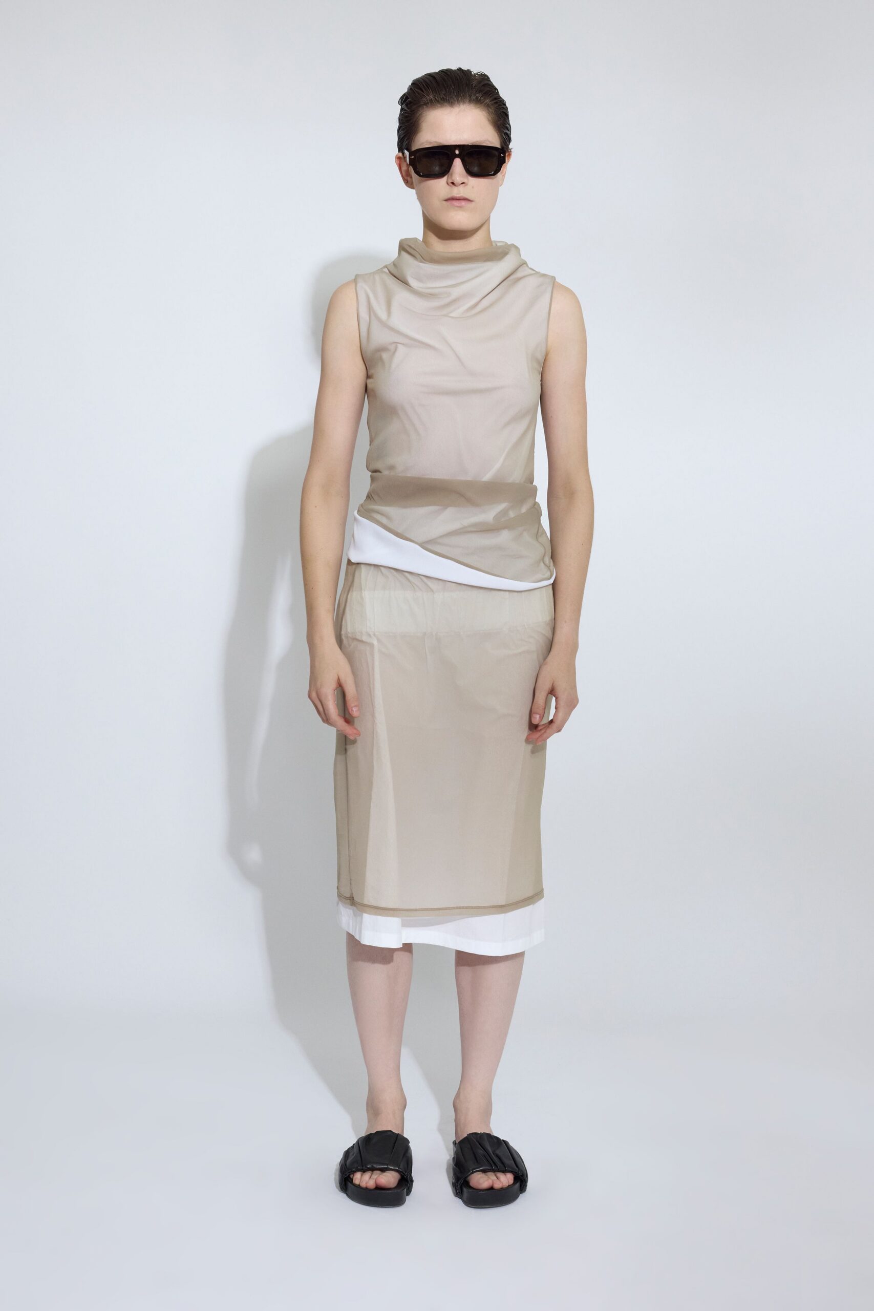 beige cotton sleeveless high-neck fitted draped top